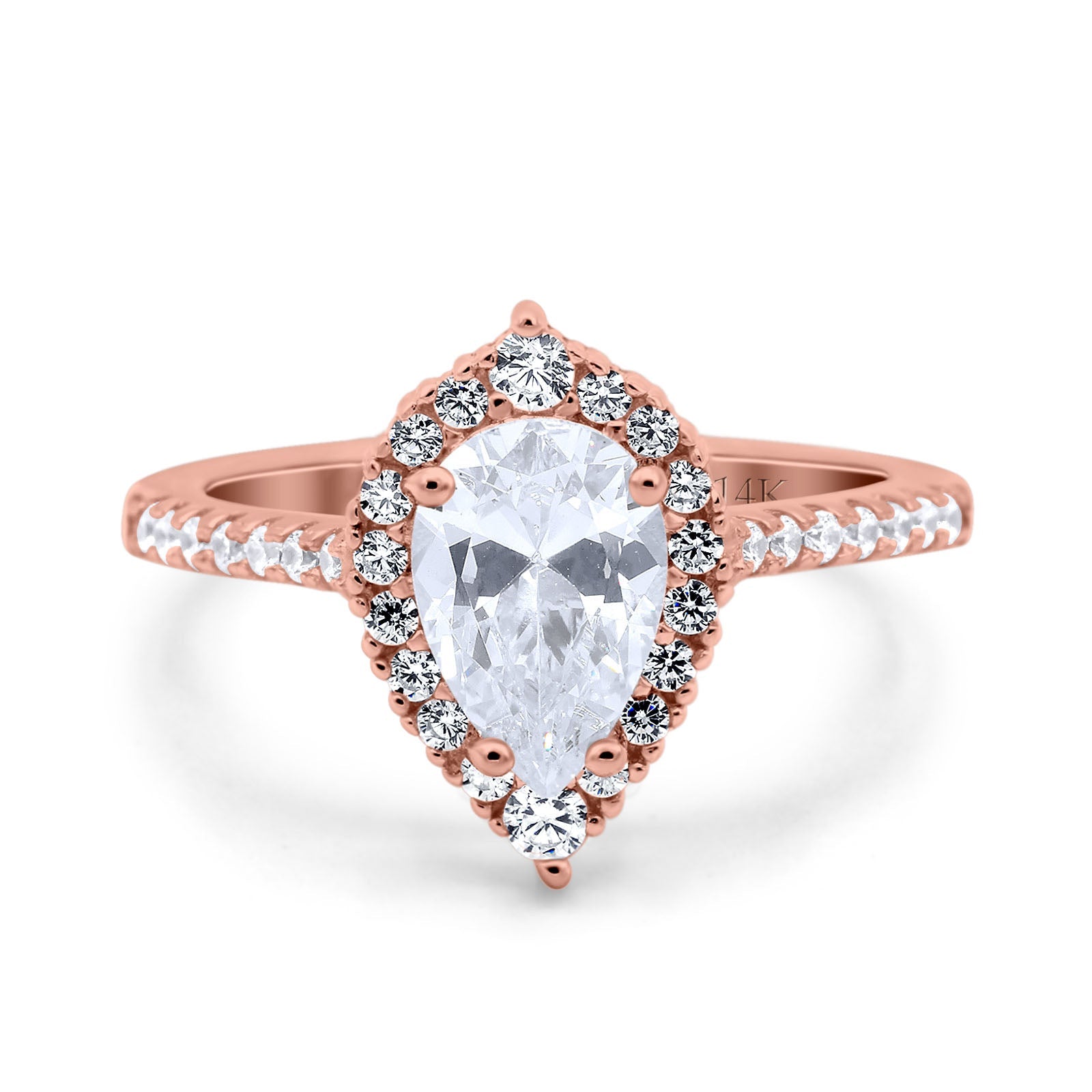 14K Rose Gold Teardrop Pear Art Deco Bridal Wedding Engagement Ring Simulated CZ Size-7