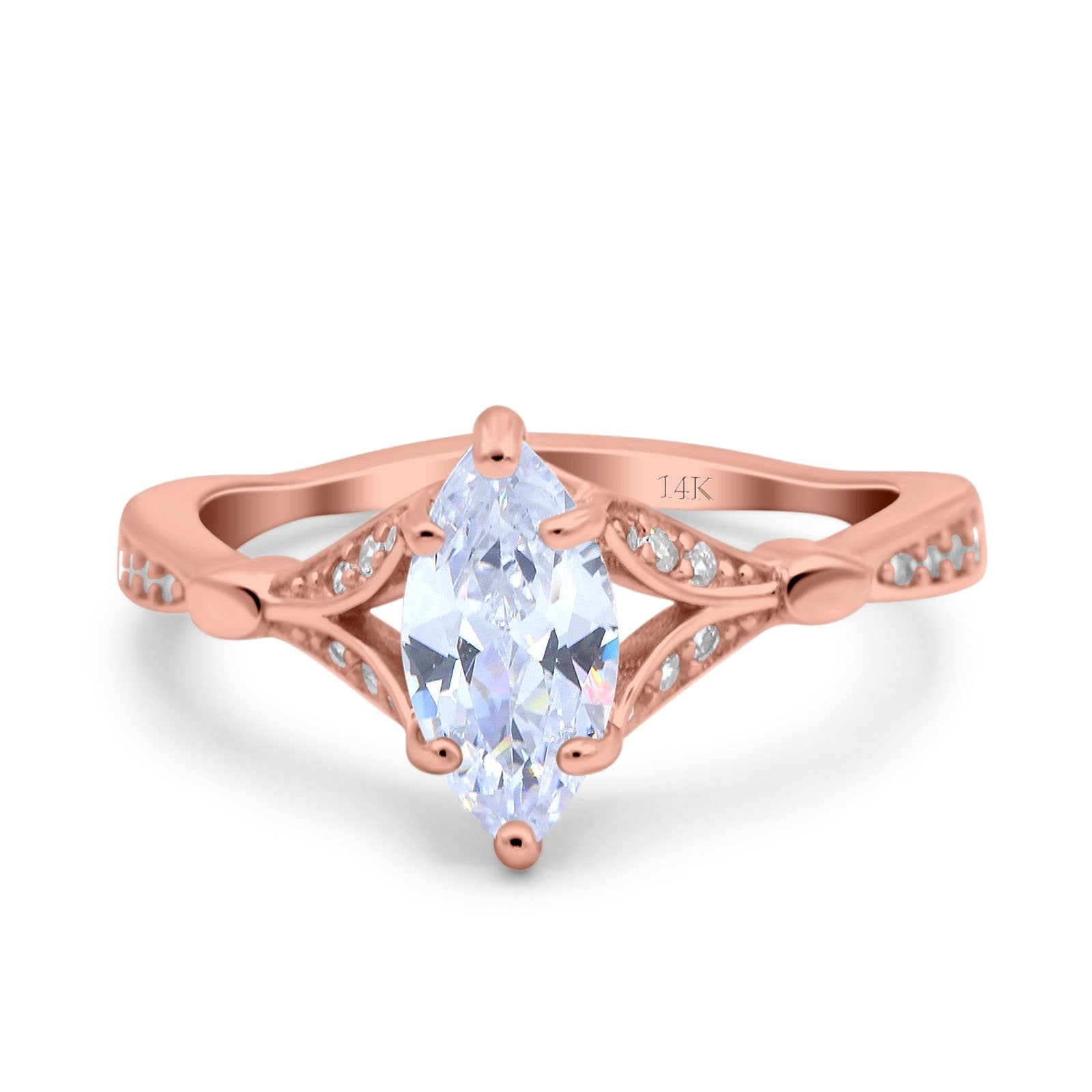 14K Rose Gold Marquise Art Deco Engagement Wedding Bridal Ring Round Simulated Cubic Zirconia Size-7