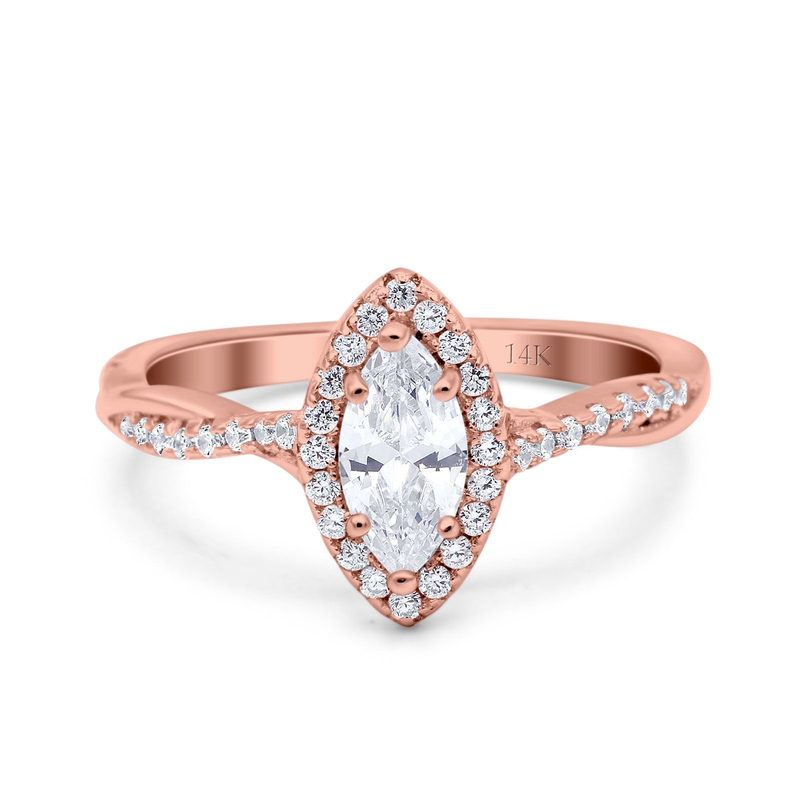 14K Rose Gold Infinity Twist Halo Marquise Art Deco Vintage Engagement Wedding Bridal Ring Simulated CZ Size-7