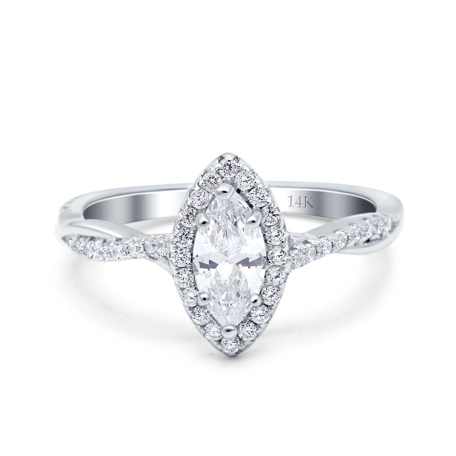14K White Gold Infinity Twist Halo Marquise Art Deco Vintage Engagement Wedding Bridal Ring Simulated CZ Size-7