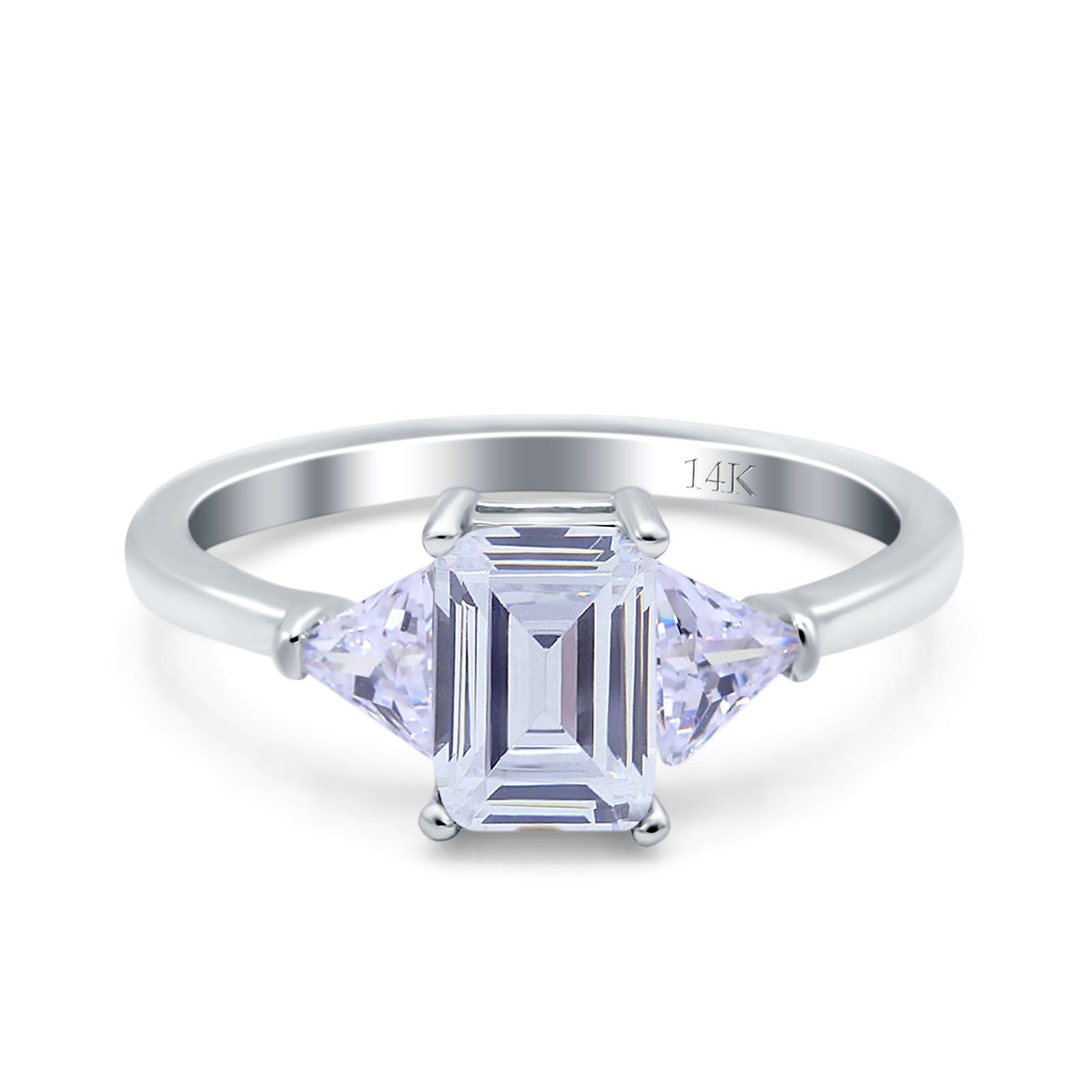 14K White Gold Emerald Cut Art Deco Engagement Ring Simulated Cubic Zirconia