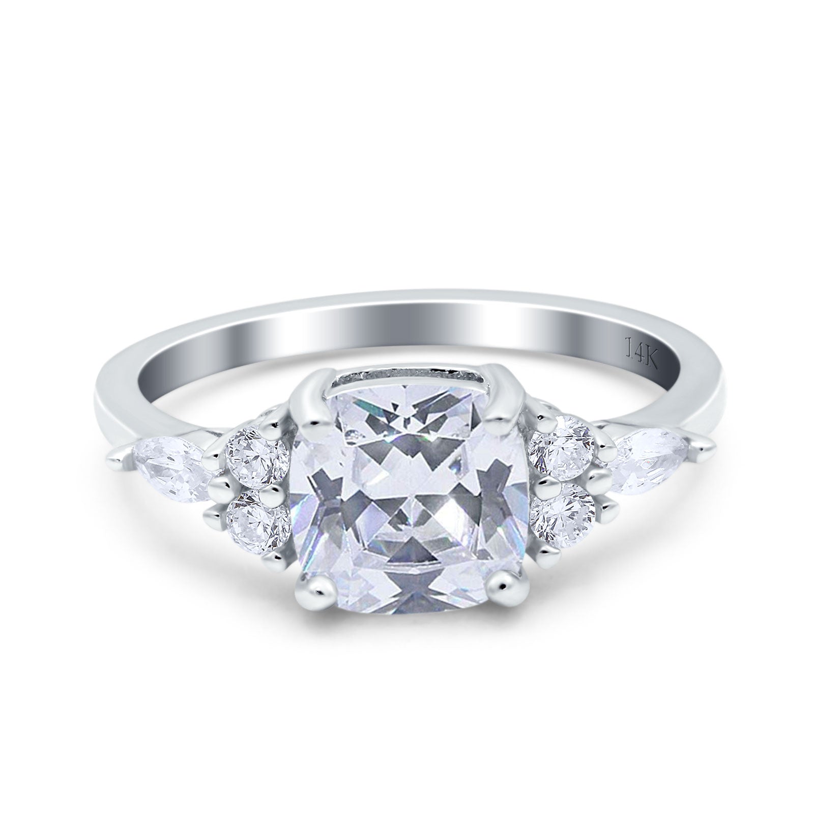 14K White Gold Cushion Cut Art Deco Bridal Wedding Engagement Ring Simulated CZ Size-7