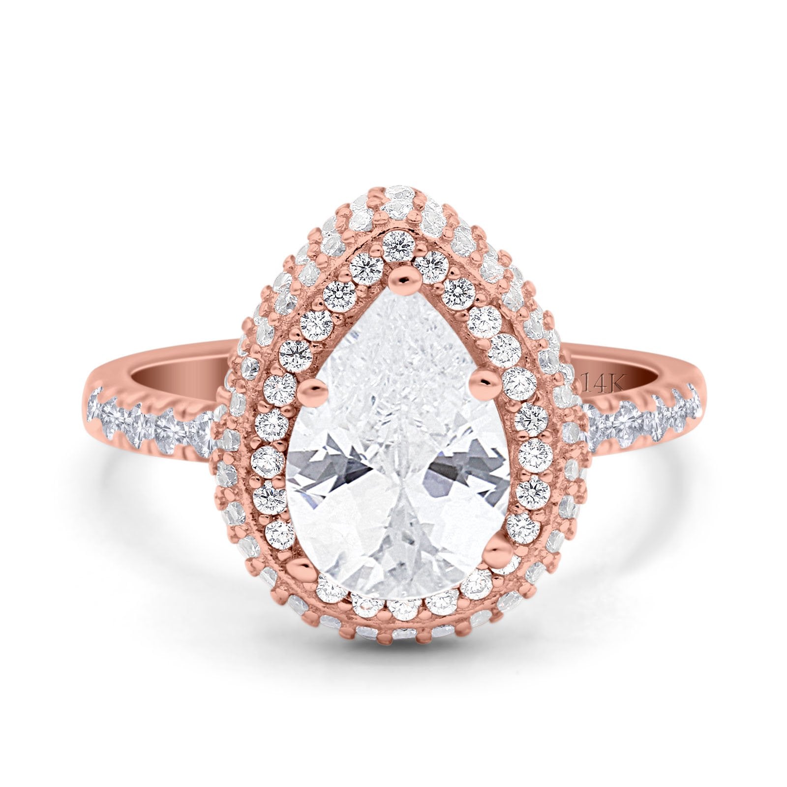 14K Rose Gold Teardrop Pear Art Deco Vintage Engagement Ring Simulated Cubic Zirconia Size-7