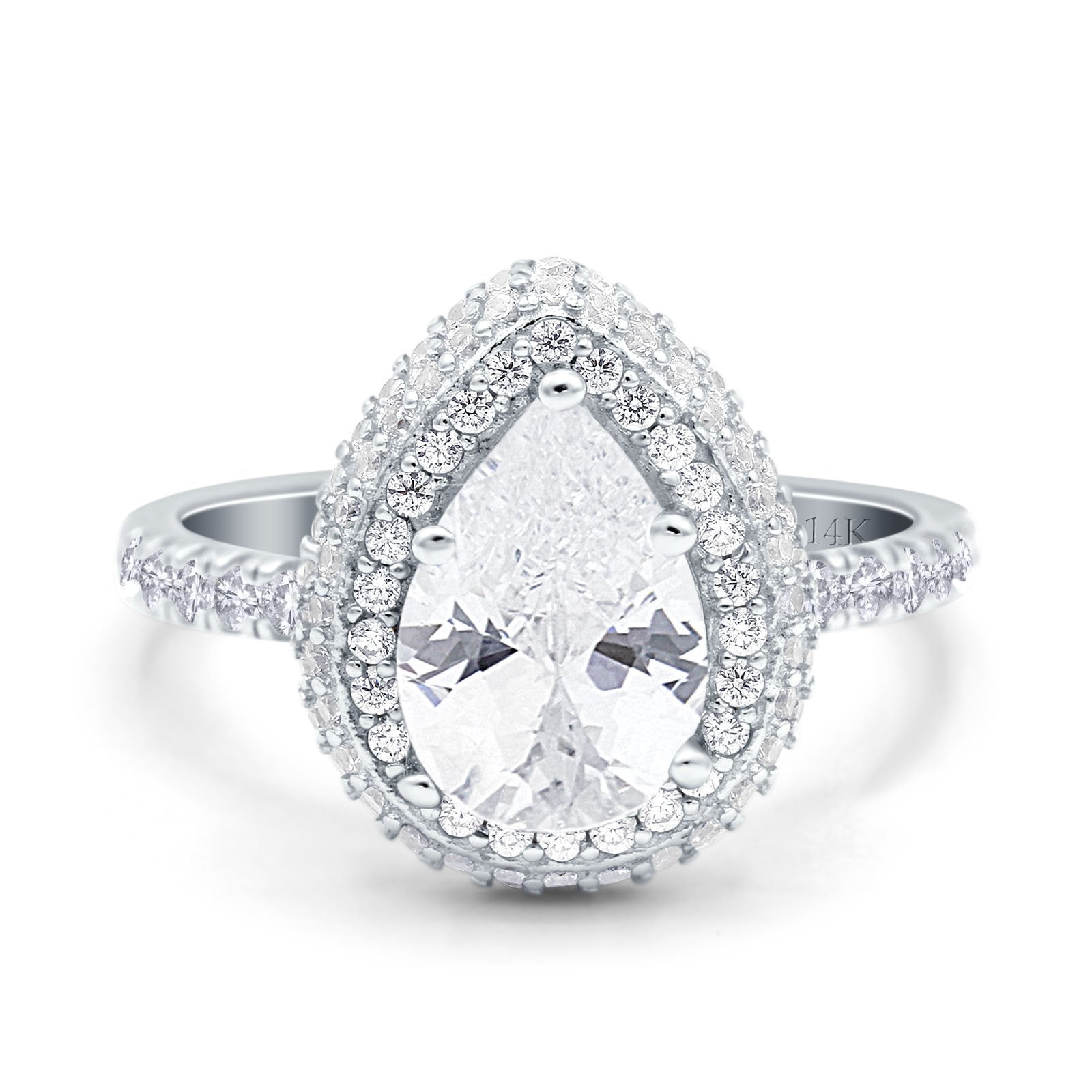 14K White Gold Teardrop Pear Art Deco Vintage Engagement Ring Simulated Cubic Zirconia Size-7