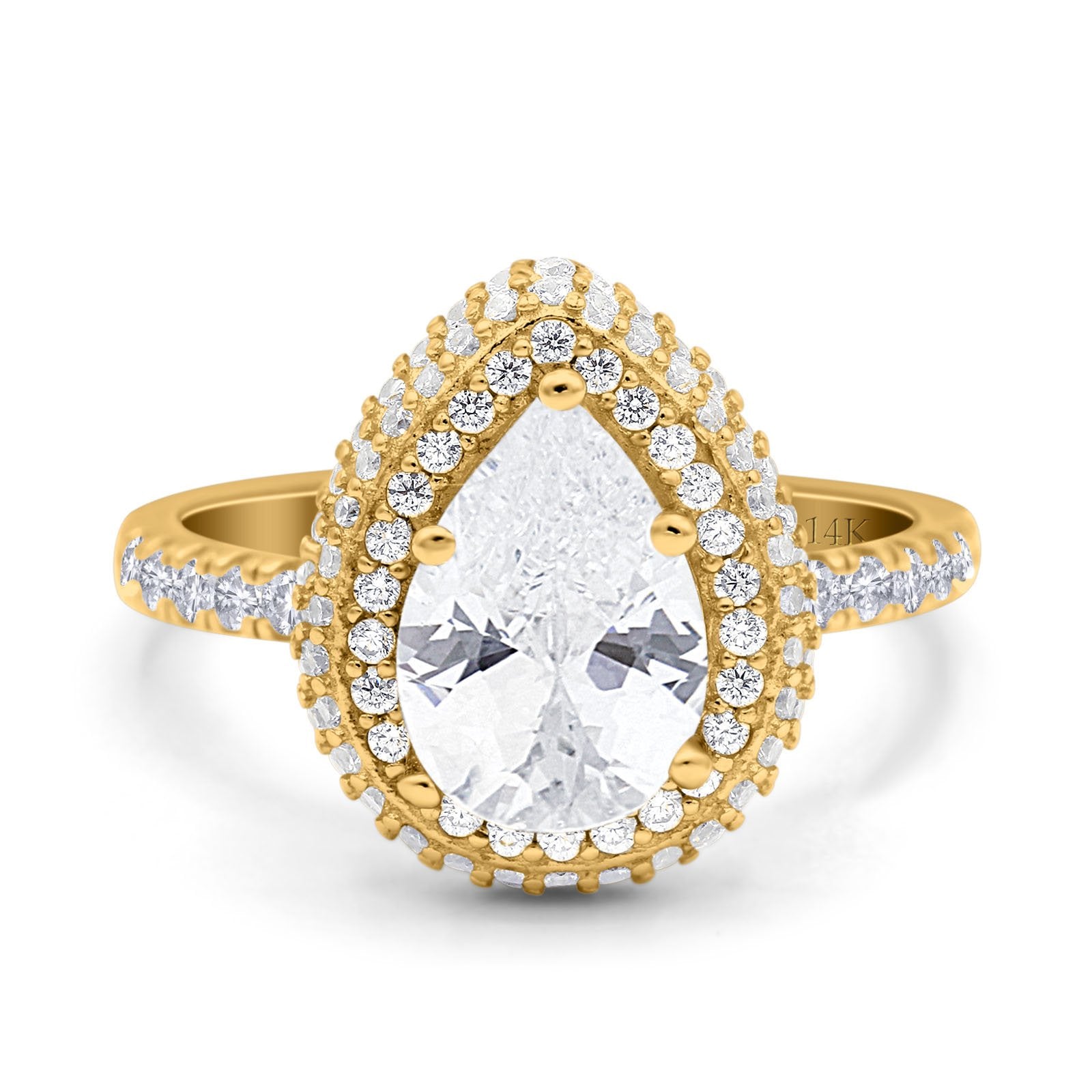 14K Yellow Gold Teardrop Pear Art Deco Vintage Engagement Ring Simulated Cubic Zirconia Size-7