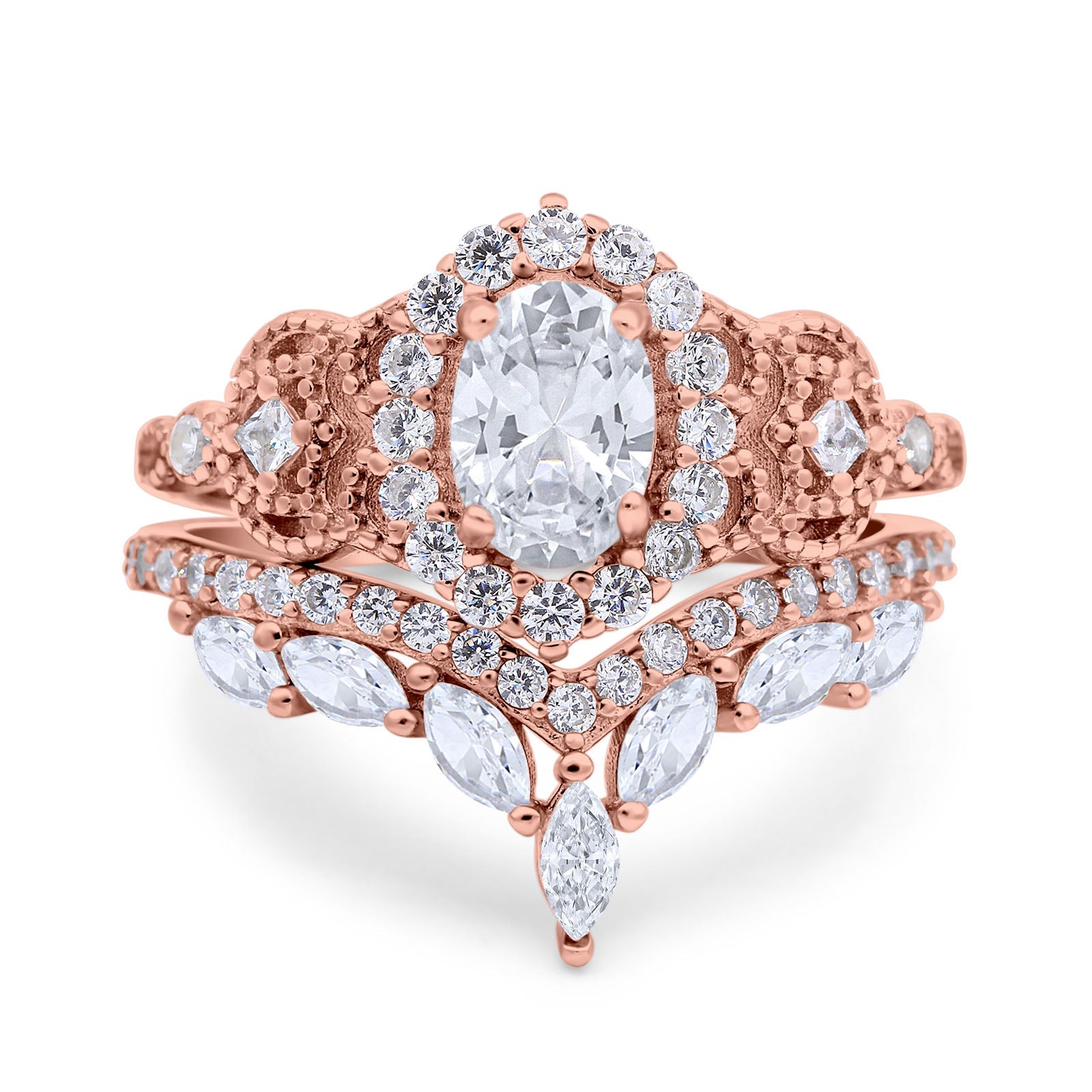 14K Rose Gold Wedding Band Bridal Ring Oval Accent Vintage Simulated Cubic Zirconia Size-7