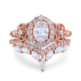 14K Rose Gold Wedding Band Bridal Ring Oval Accent Vintage Simulated Cubic Zirconia Size-7