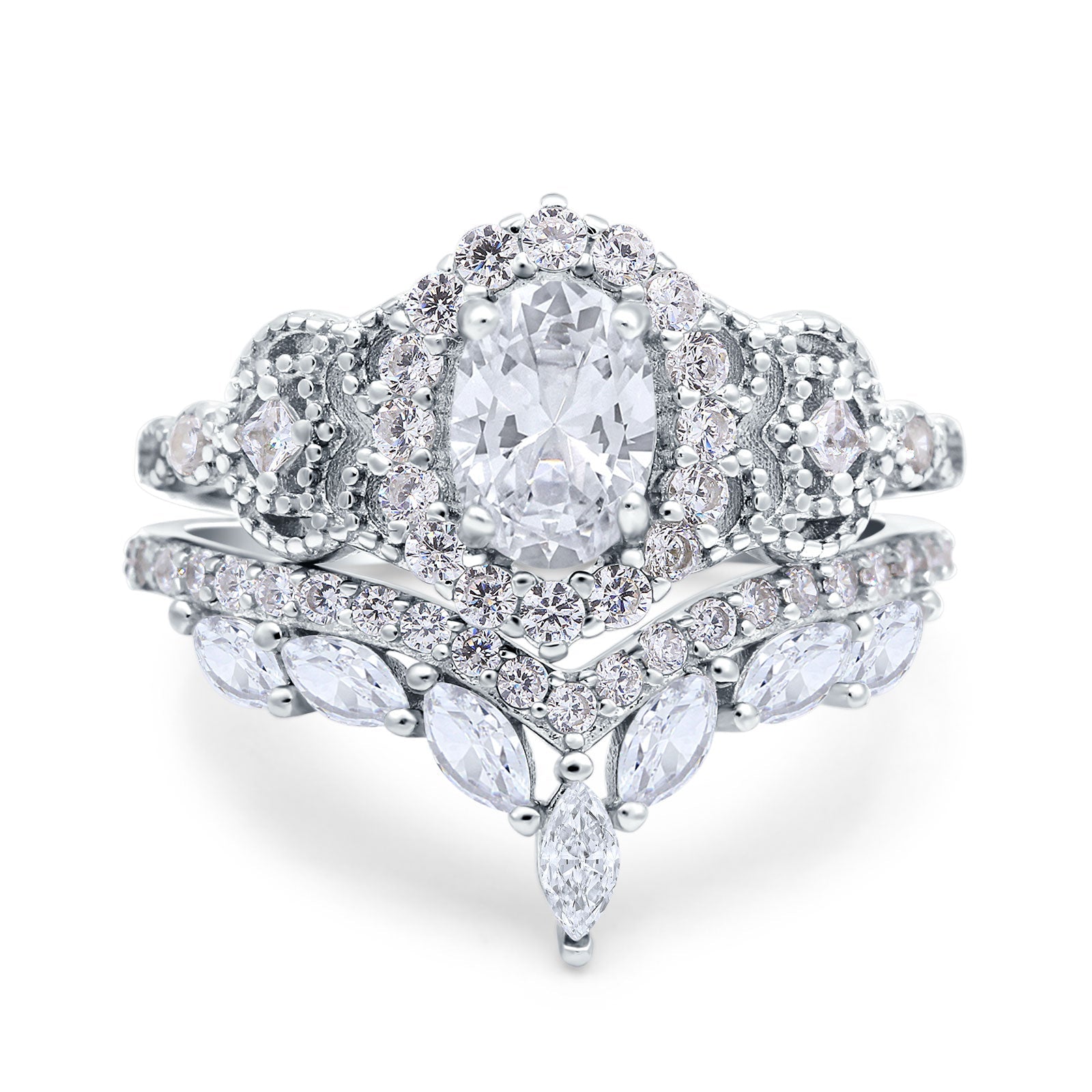 14K White Gold Wedding Band Bridal Ring Oval Accent Vintage Simulated Cubic Zirconia