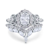 14K White Gold Wedding Band Bridal Ring Oval Accent Vintage Simulated Cubic Zirconia
