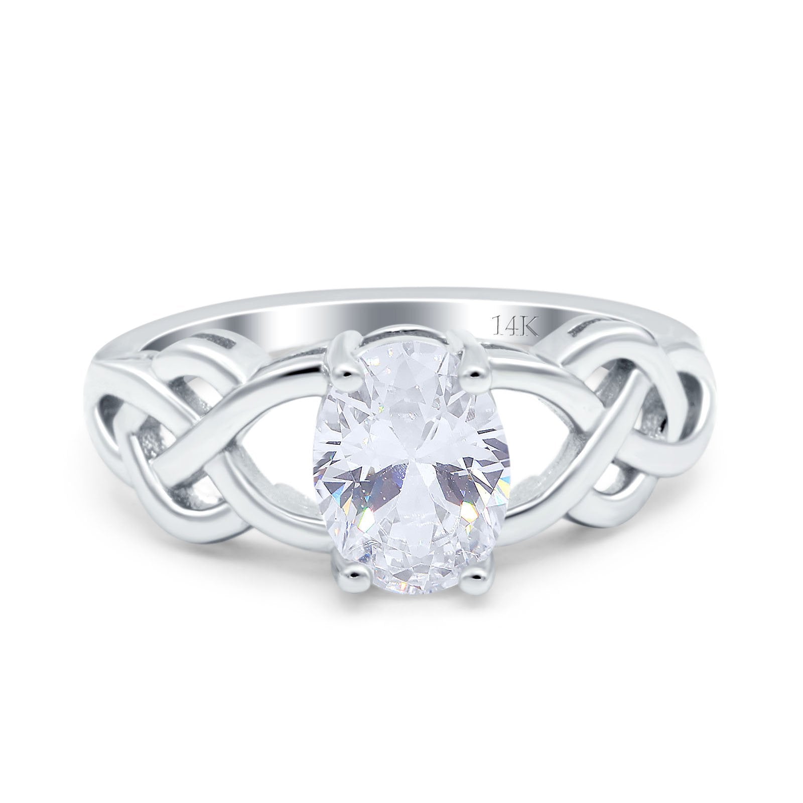 14K White Gold Oval Solitaire Celtic Wedding Engagement Ring Vintage Simulated Cubic Zirconia Size-7