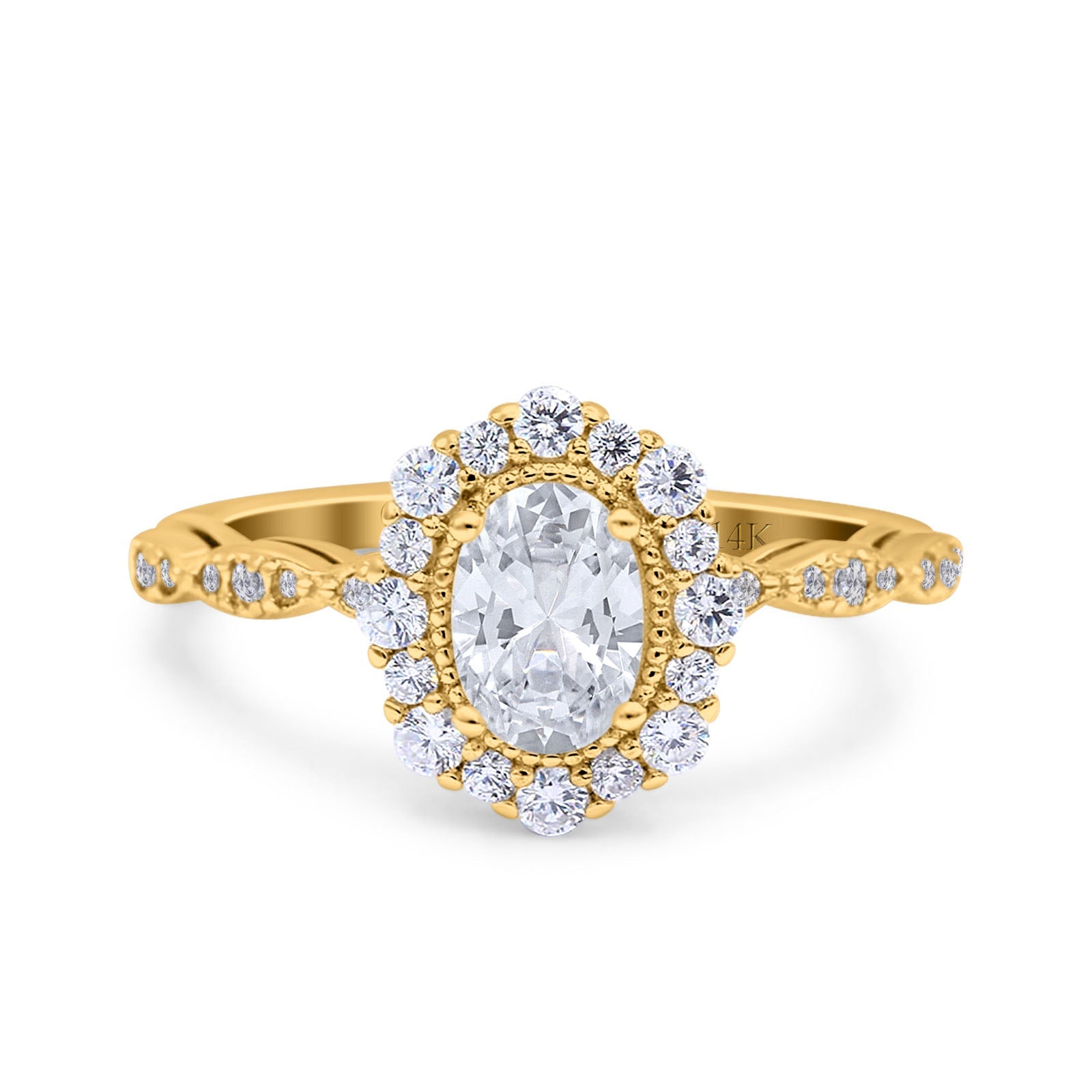14K Yellow Gold Vintage Art Deco Halo Oval Engagement Ring Simulated Cubic Zirconia
