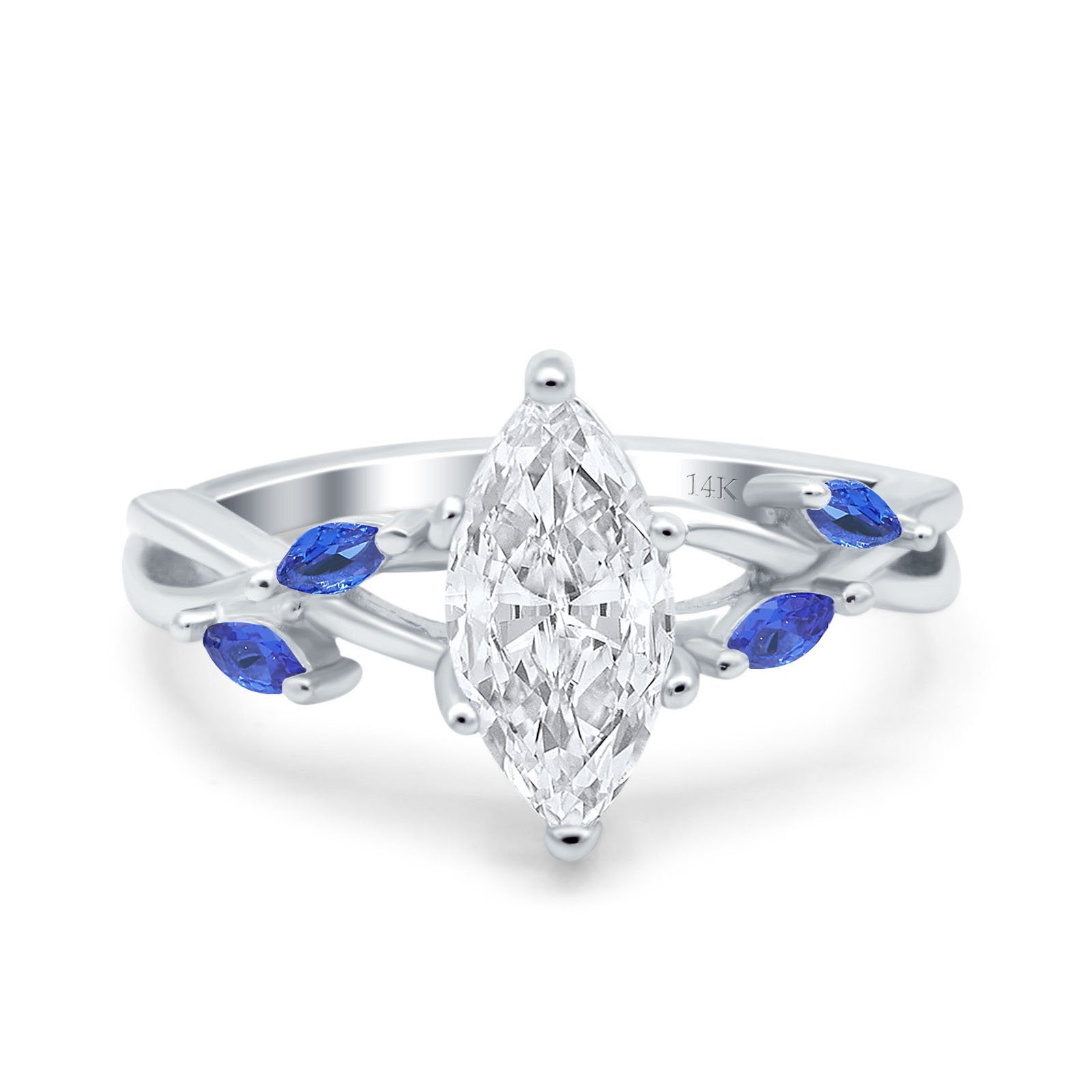 14K White Gold Infinity Twist Simulated Blue Sapphire Marquise Art Deco Engagement Wedding Bridal Ring Round Simulated CZ Size-7