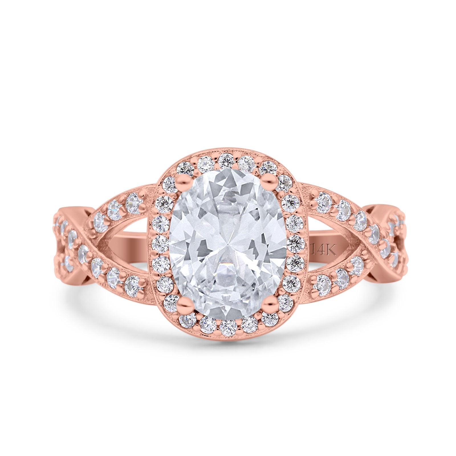 14K Rose Gold Infinity Twisted Shank Art Deco Oval Wedding Ring Simulated Cubic Zirconia Size-7