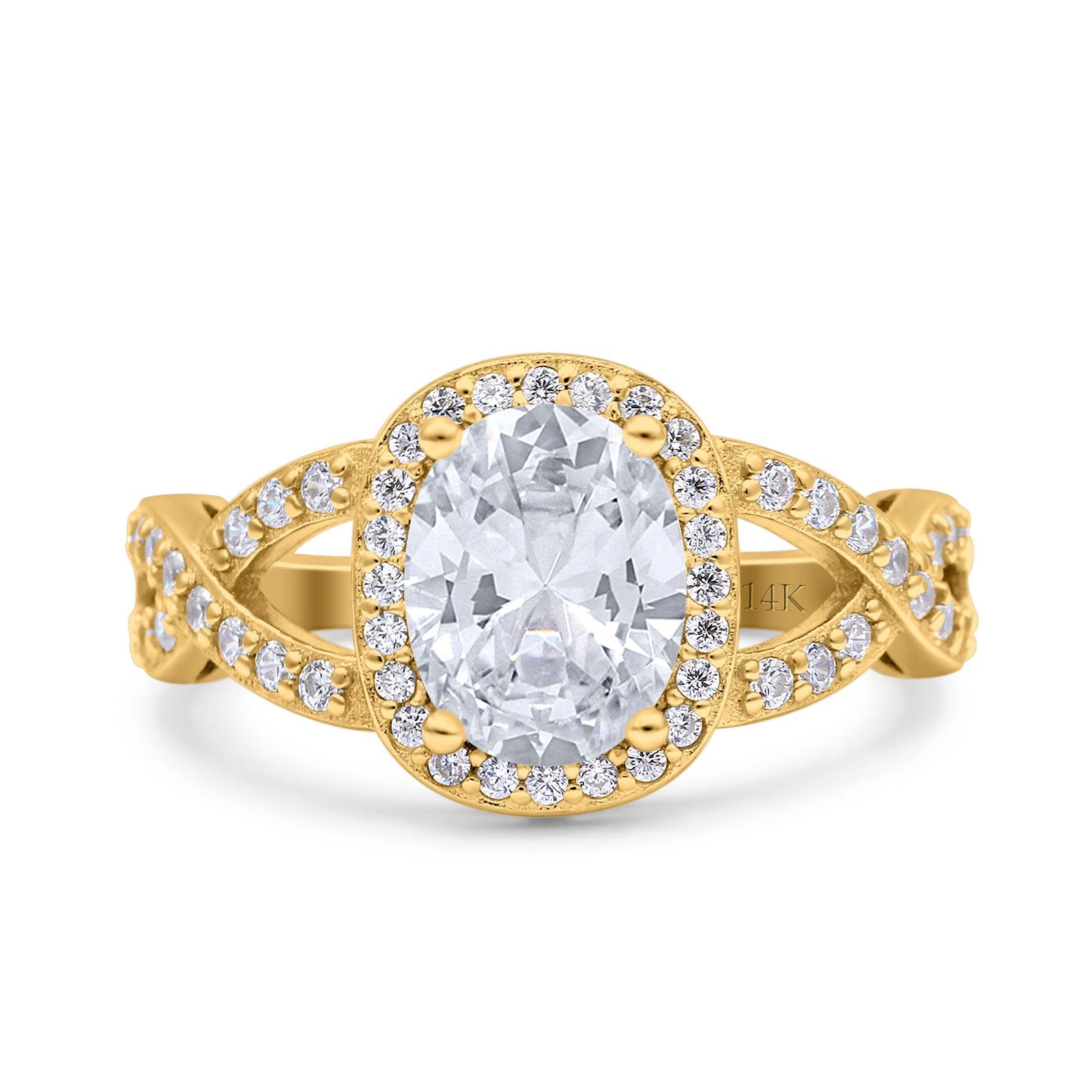 14K Yellow Gold Infinity Twisted Shank Art Deco Oval Wedding Ring Simulated Cubic Zirconia