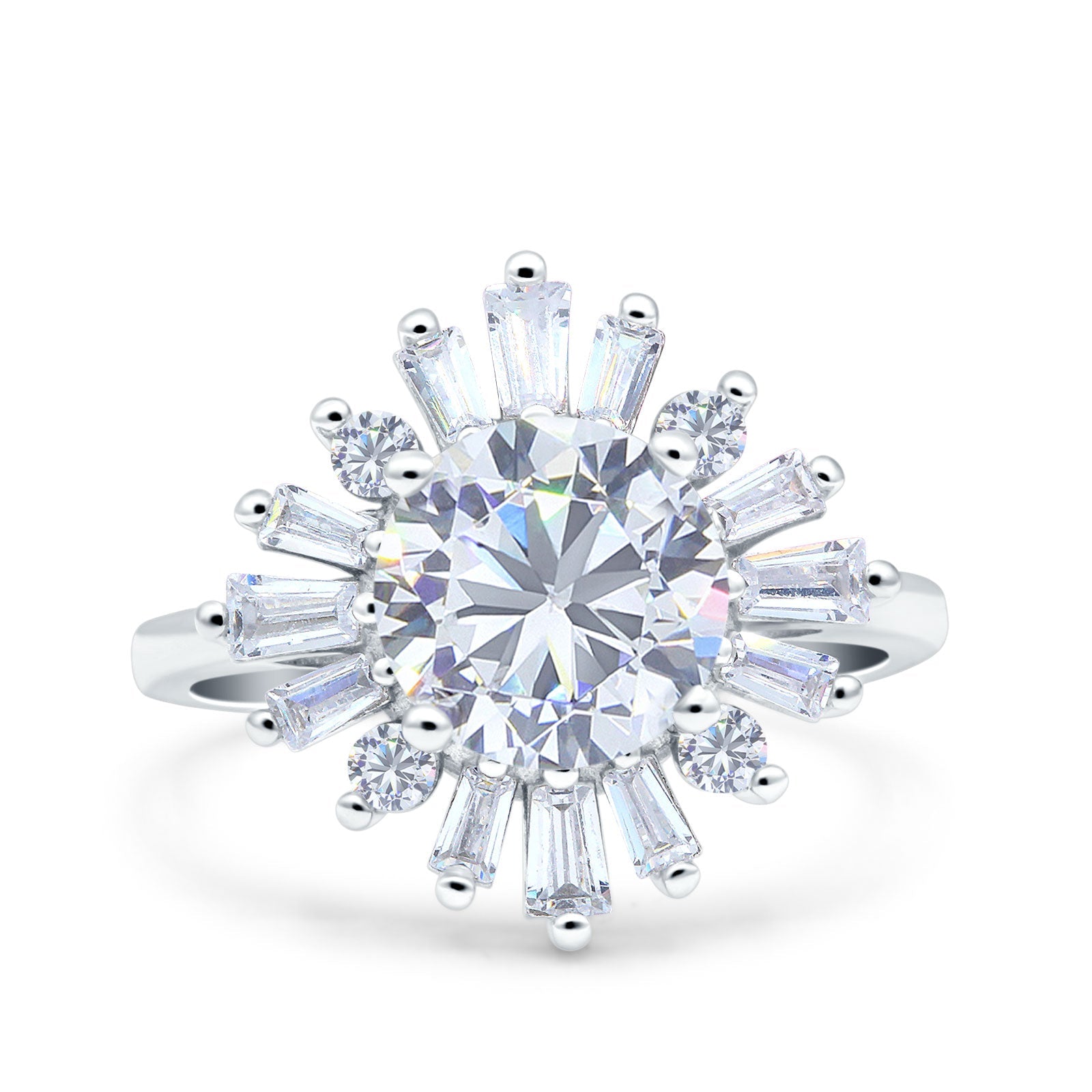 14K White Gold Art Deco Wedding Bridal Ring Baguette Round Simulated Cubic Zirconia