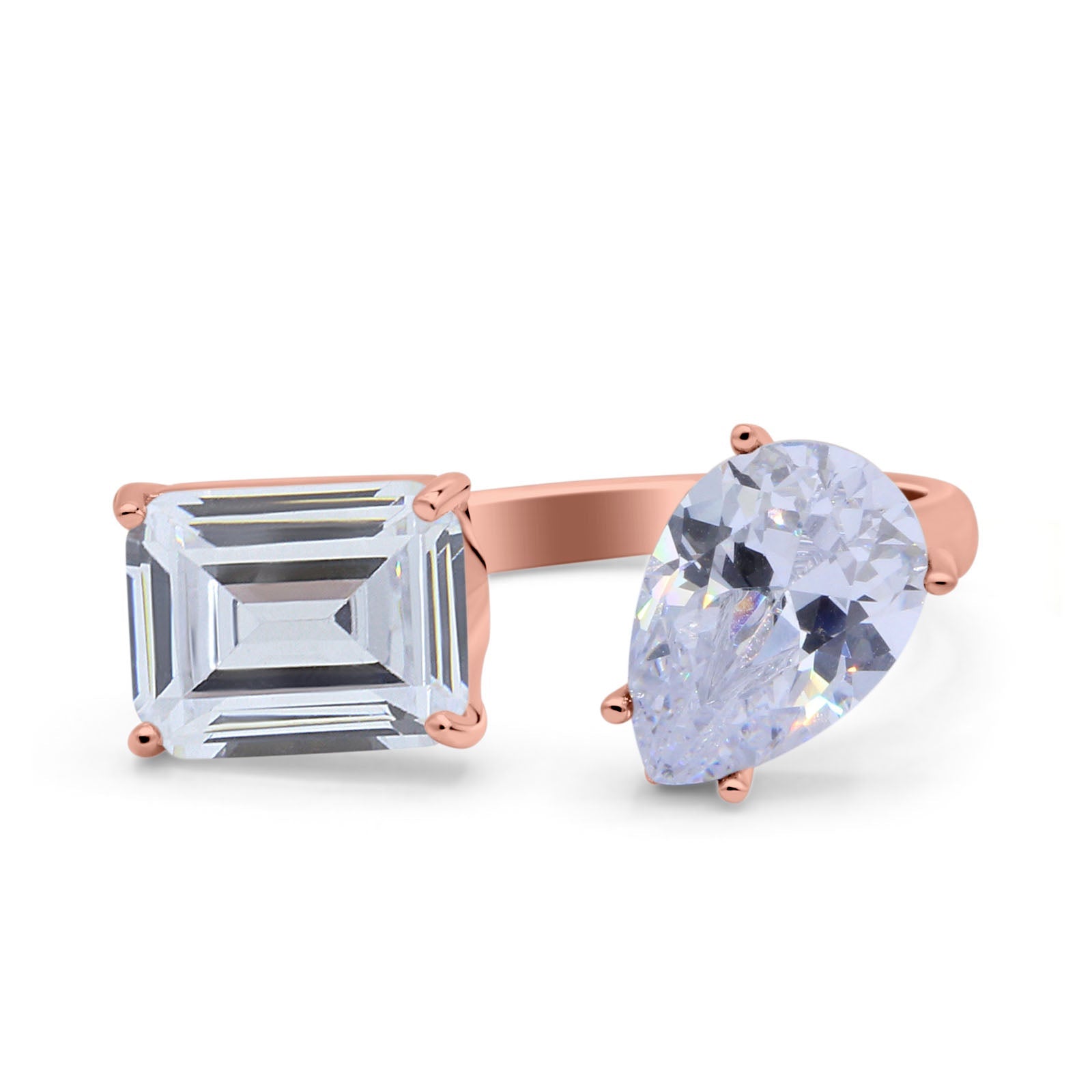 14K Rose Gold Open Teardrop Pear Emerald Cut Wedding Bridal Simulated Cubic Zirconia Cocktail Ring Size-7
