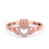 14K Rose Gold Heart Claddagh Art Deco Wedding Ring Simulated Cubic Zirconia Size-7