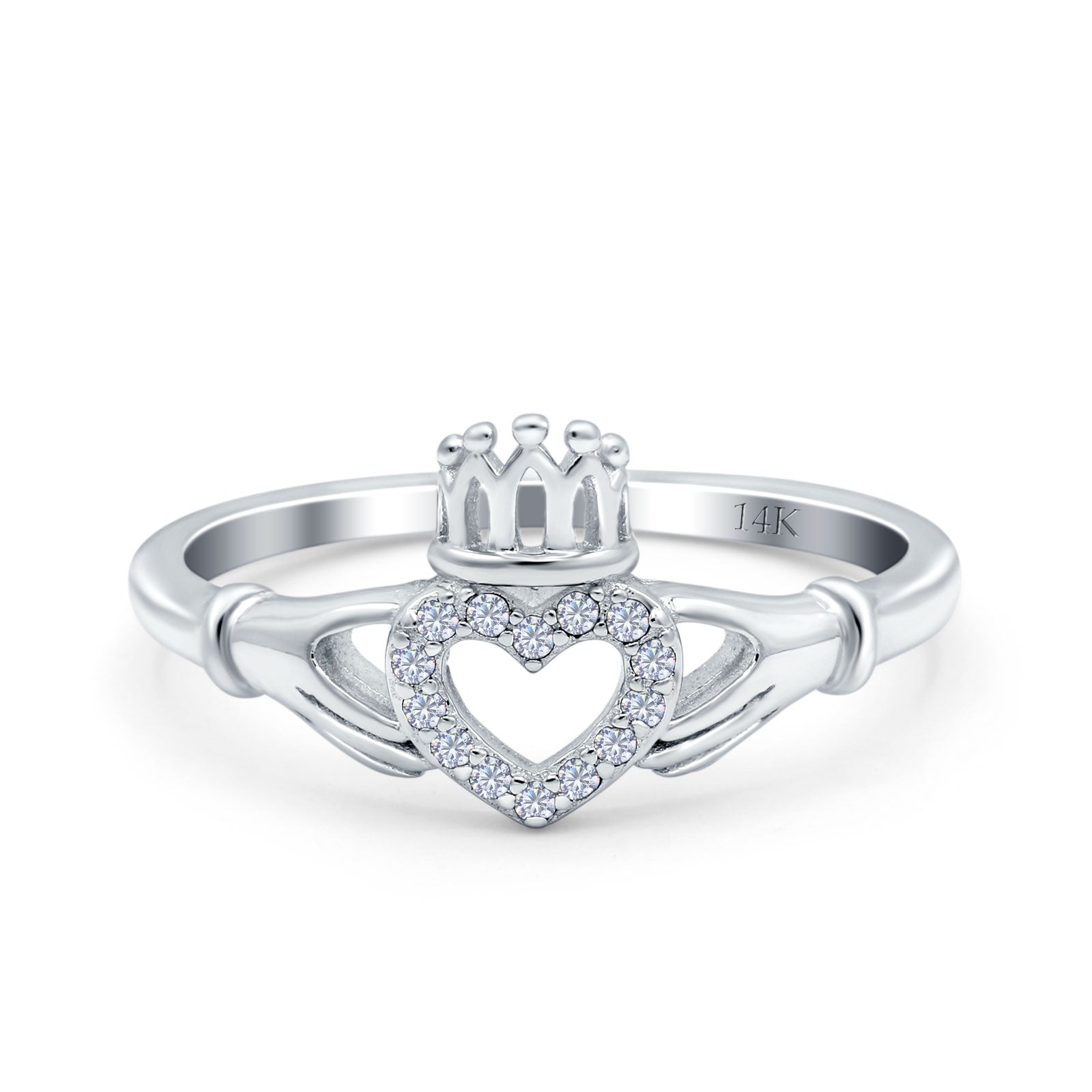 14K White Gold Heart Claddagh Art Deco Wedding Ring Simulated Cubic Zirconia Size-7