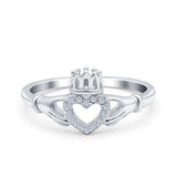 14K White Gold Heart Claddagh Art Deco Wedding Ring Simulated Cubic Zirconia Size-7