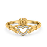 14K Yellow Gold Heart Claddagh Art Deco Wedding Ring Simulated Cubic Zirconia