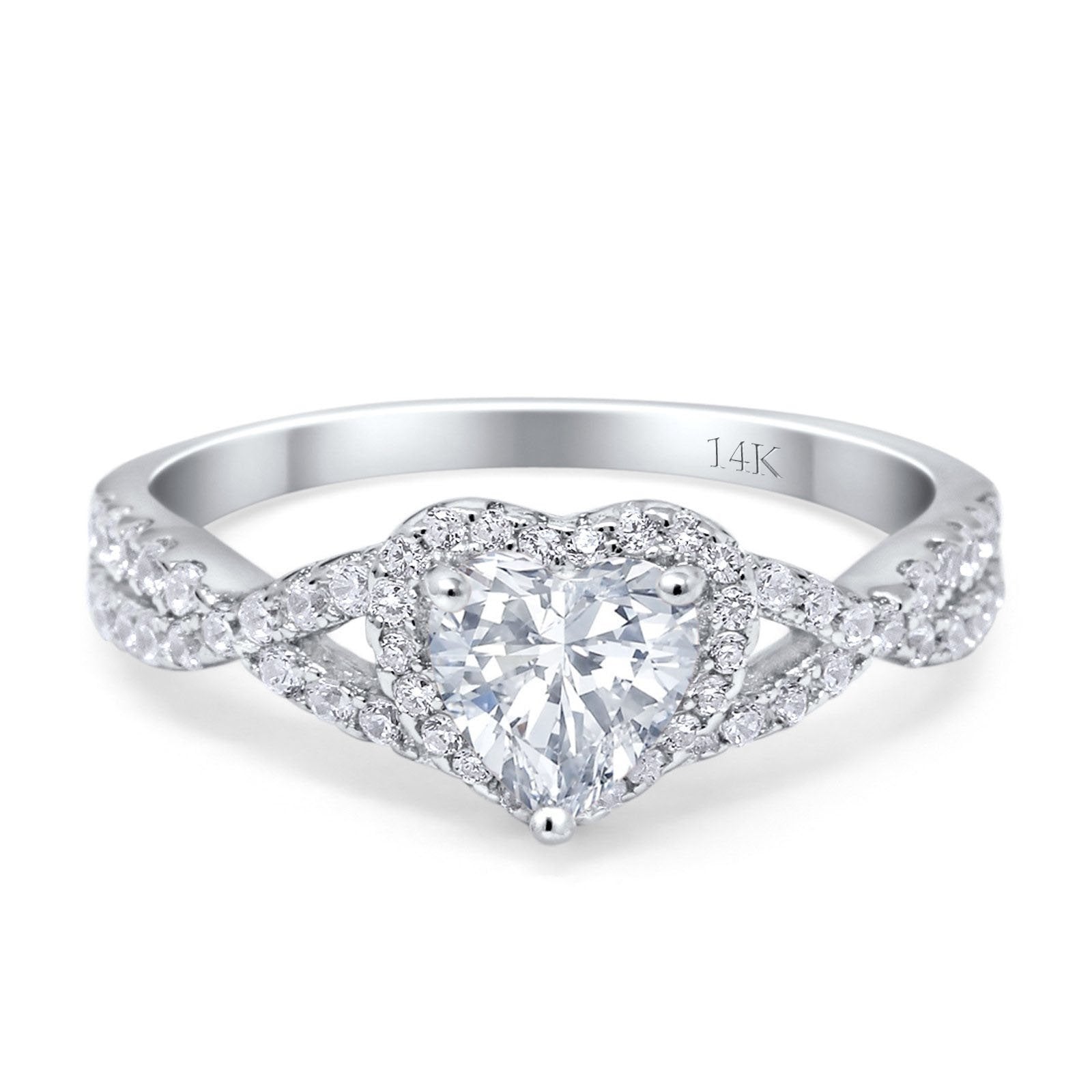 14K White Gold Heart Promise Ring Infinity Shank Round Simulated Cubic Zirconia Size-7