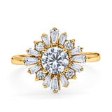 14K Yellow Gold Halo Floral Style Vintage Art Deco Wedding Engagement Ring Baguette Round Simulated Cubic Zirconia