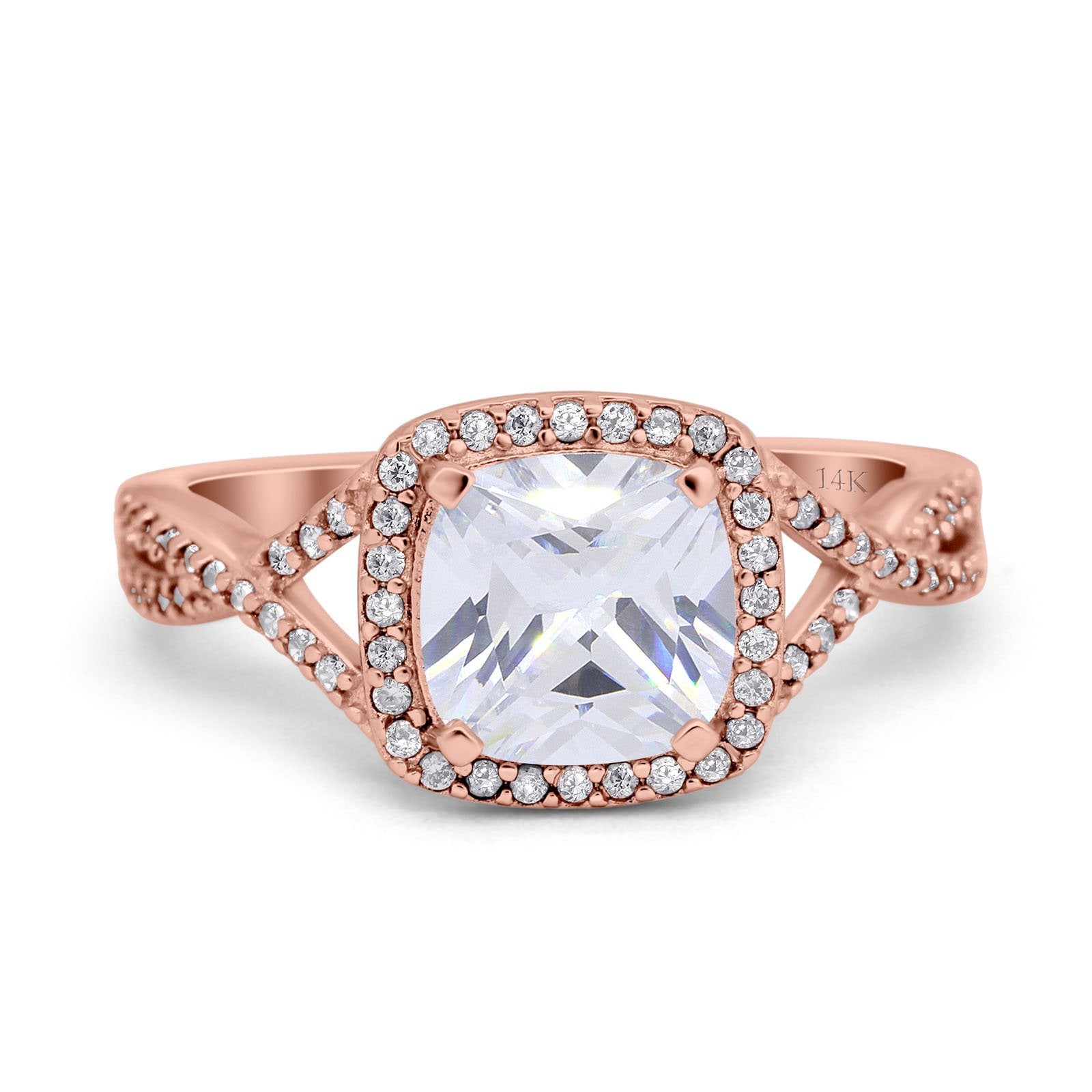 14K Rose Gold Cushion Infinity Shank Wedding Engagement Ring Round Simulated Cubic Zirconia
