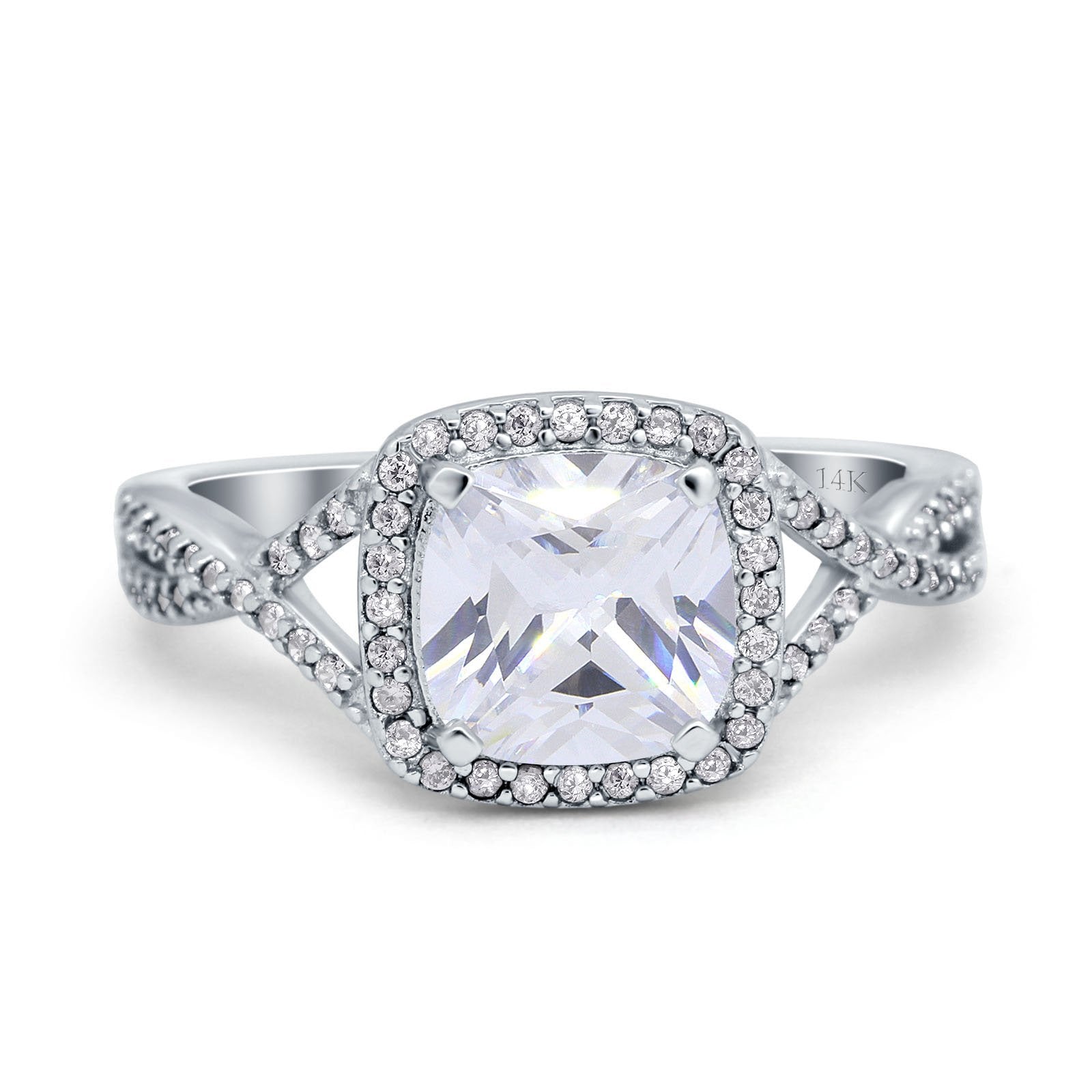 14K White Gold Cushion Infinity Shank Wedding Engagement Ring Round Simulated Cubic Zirconia