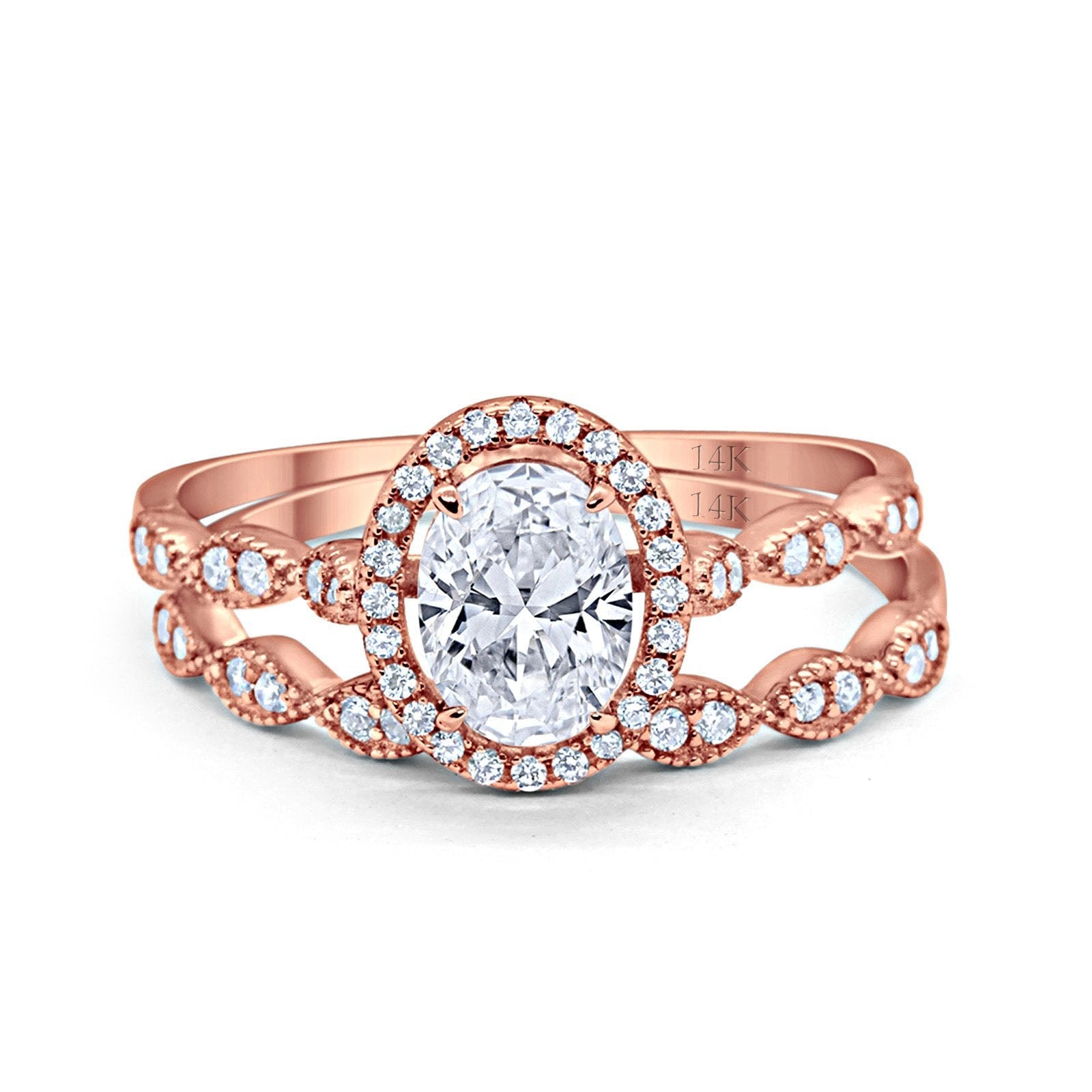 14K Rose Gold Halo Bridal Set Piece Oval Engagement Wedding Ring Simulated CZ Size-7
