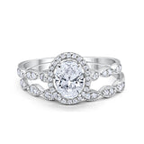 14K White Gold Halo Bridal Set Piece Oval Engagement Wedding Ring Simulated CZ Size-7