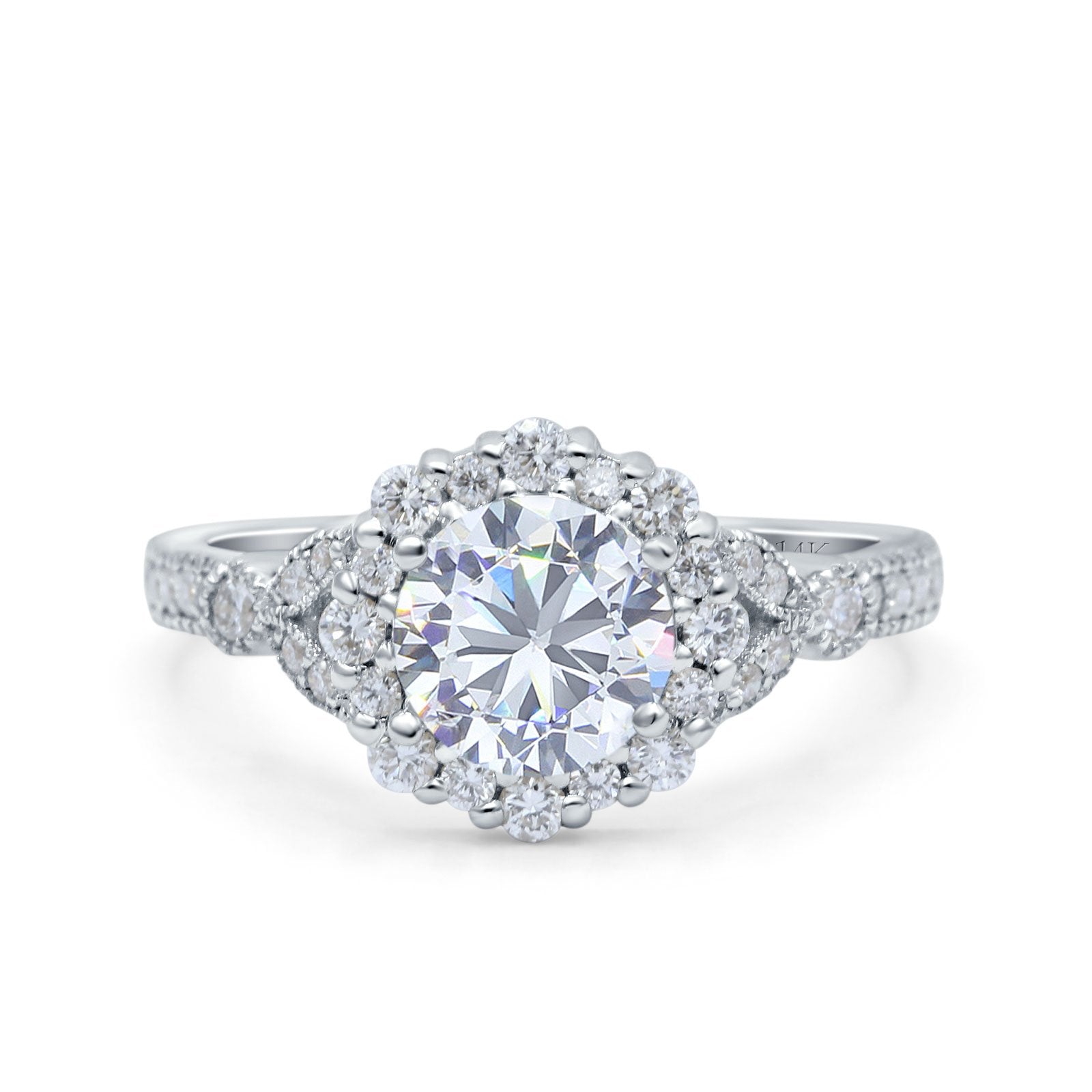 14K White Gold Floral Art Deco Engagement Ring Simulated Cubic Zirconia Size-7