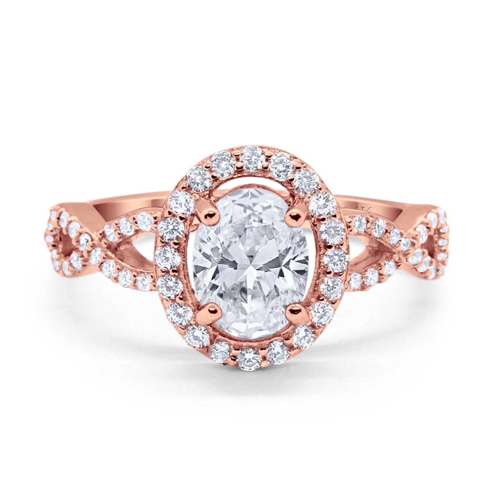 14K Rose Gold Art Deco Halo Wedding Ring Oval Round Simulated Cubic Zirconia Size-7