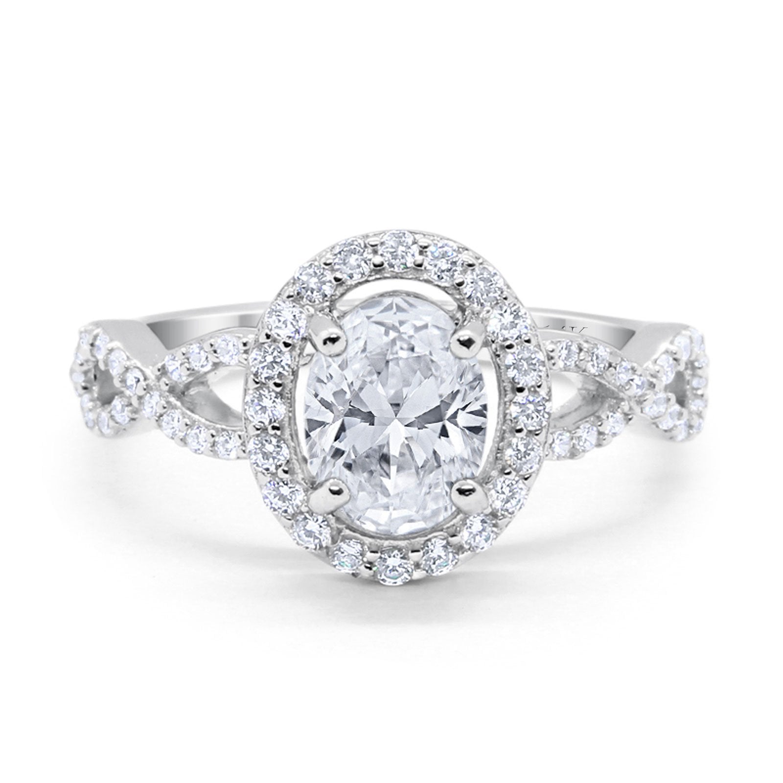 14K White Gold Art Deco Halo Wedding Ring Oval Round Simulated Cubic Zirconia Size-7