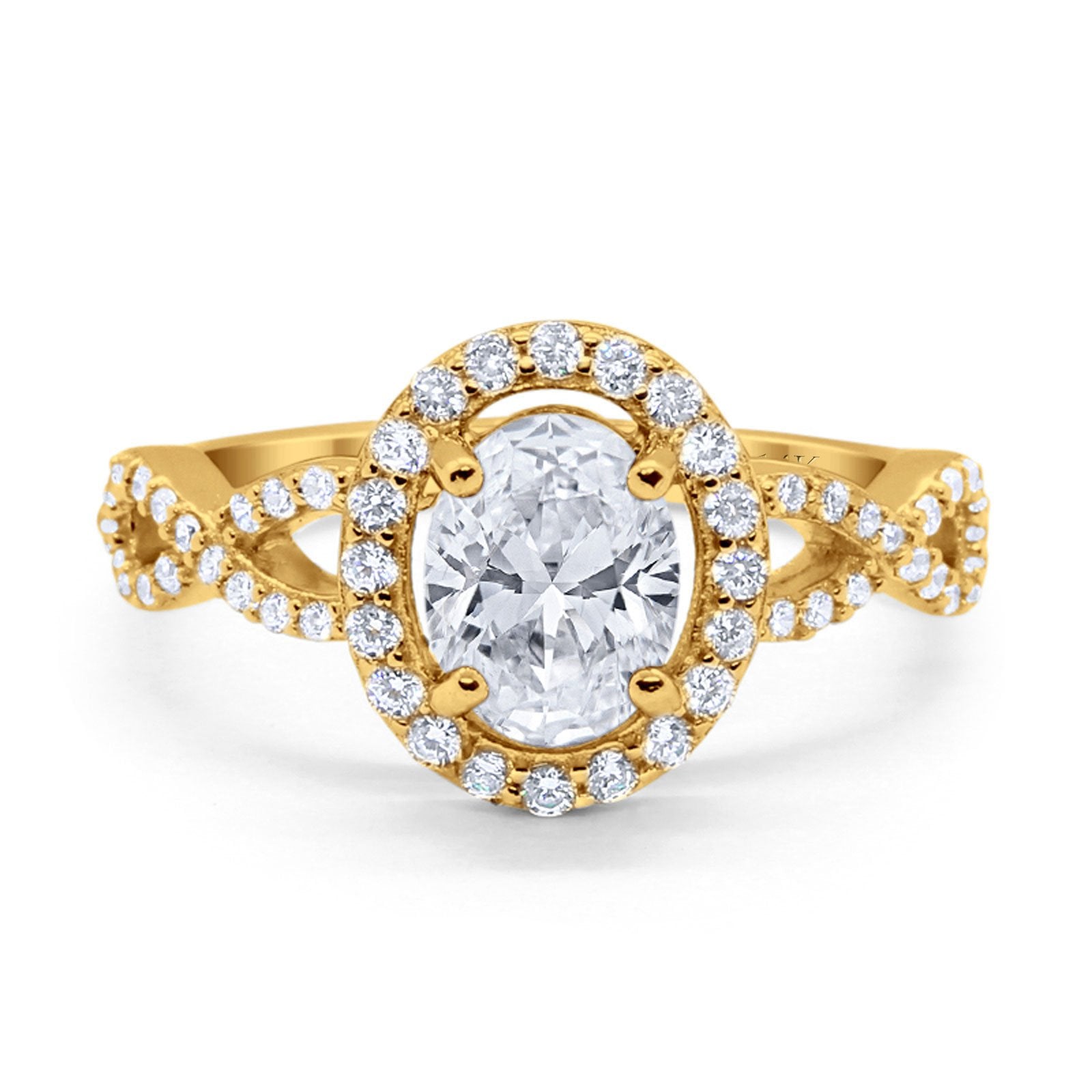 14K Yellow Gold Art Deco Halo Wedding Ring Oval Round Simulated Cubic Zirconia Size-7