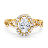 14K Yellow Gold Art Deco Halo Wedding Ring Oval Round Simulated Cubic Zirconia Size-7