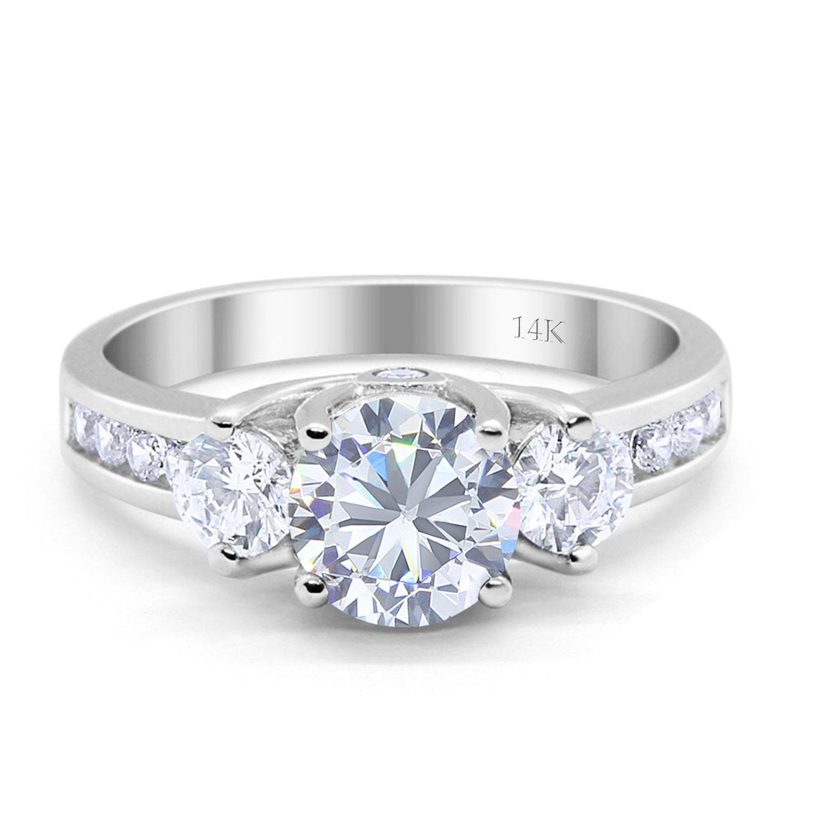 14K White Gold Three Stone Wedding Ring Simulated Cubic Zirconia Size-7
