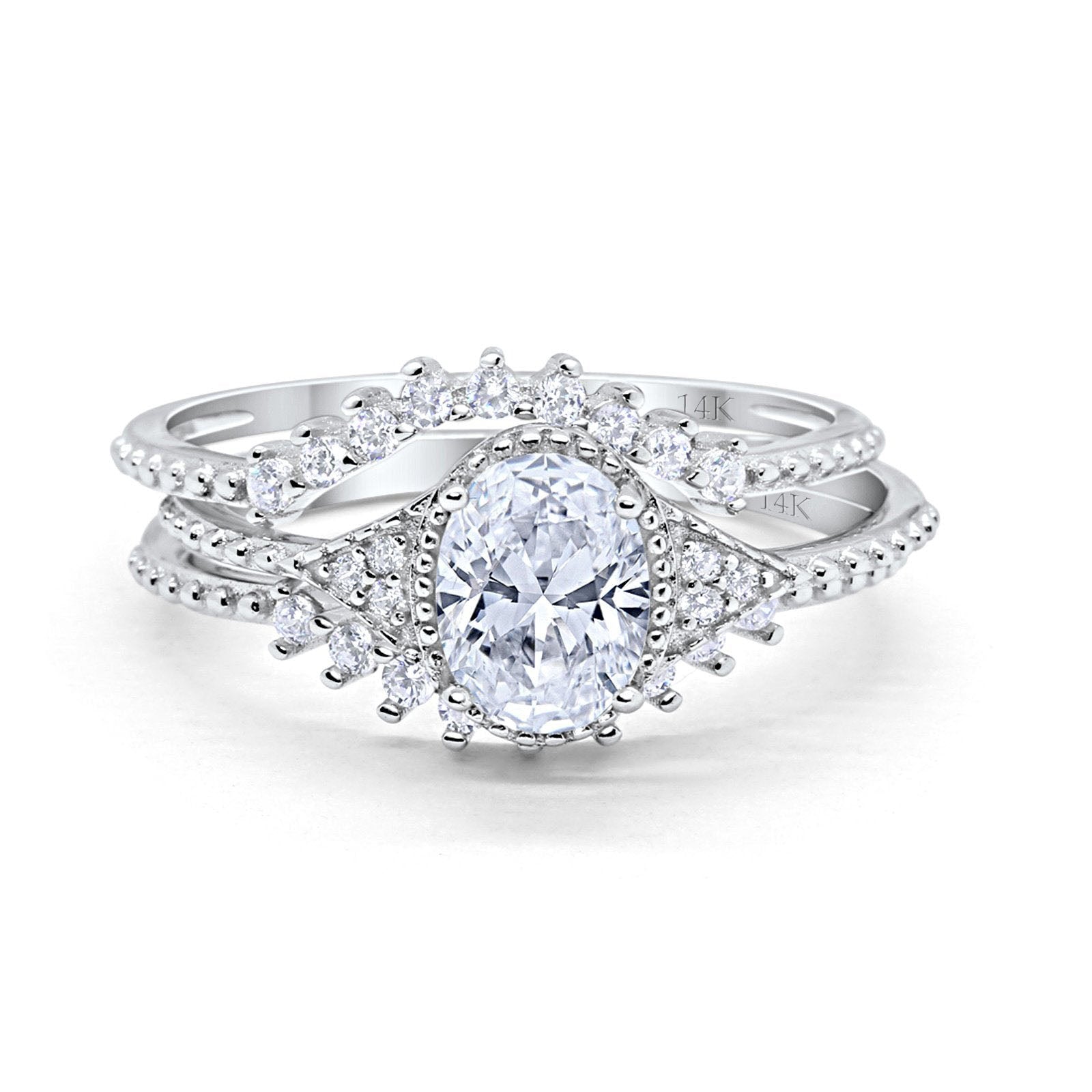 14K White Gold Three Piece Art Deco Bridal Set Band Oval Engagement Wedding Ring Simulated CZ Size-7