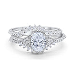 14K White Gold Three Piece Art Deco Bridal Set Band Oval Engagement Wedding Ring Simulated CZ Size-7