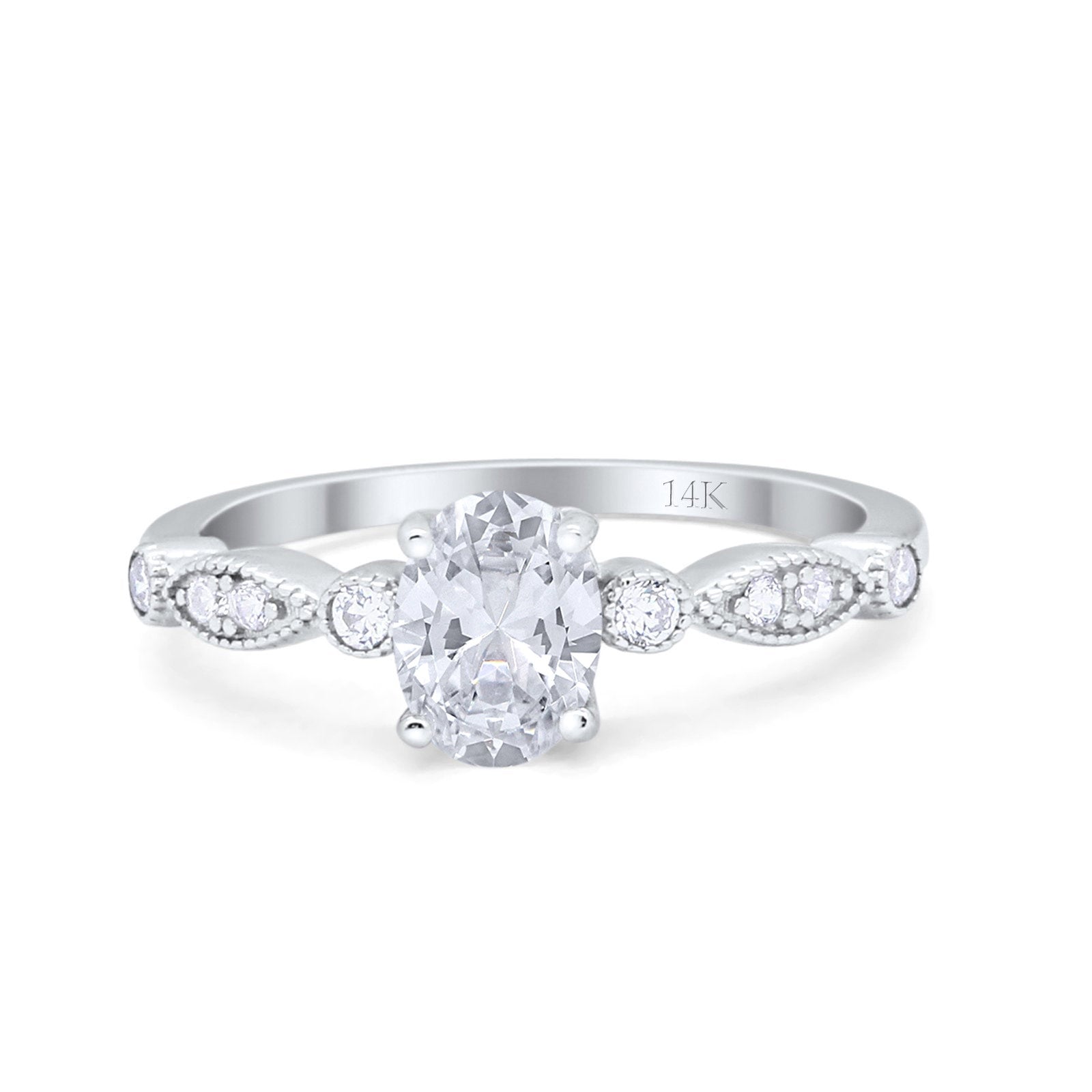 14K White Gold Vintage Style Oval Bridal Wedding Engagement Ring Simulated CZ