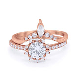 14K Rose Gold Two Piece Art Deco Bridal Set Ring Band Round Engagement Piece Simulated CZ Size-7