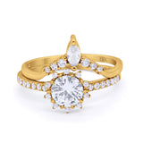 14K Yellow Gold Two Piece Art Deco Bridal Set Ring Band Round Engagement Piece Simulated CZ Size-7