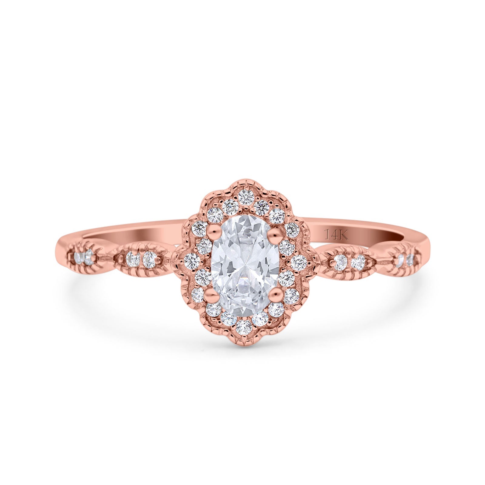 14K Rose Gold Halo Art Deco Oval Bridal Simulated CZ Wedding Engagement Ring Size-7