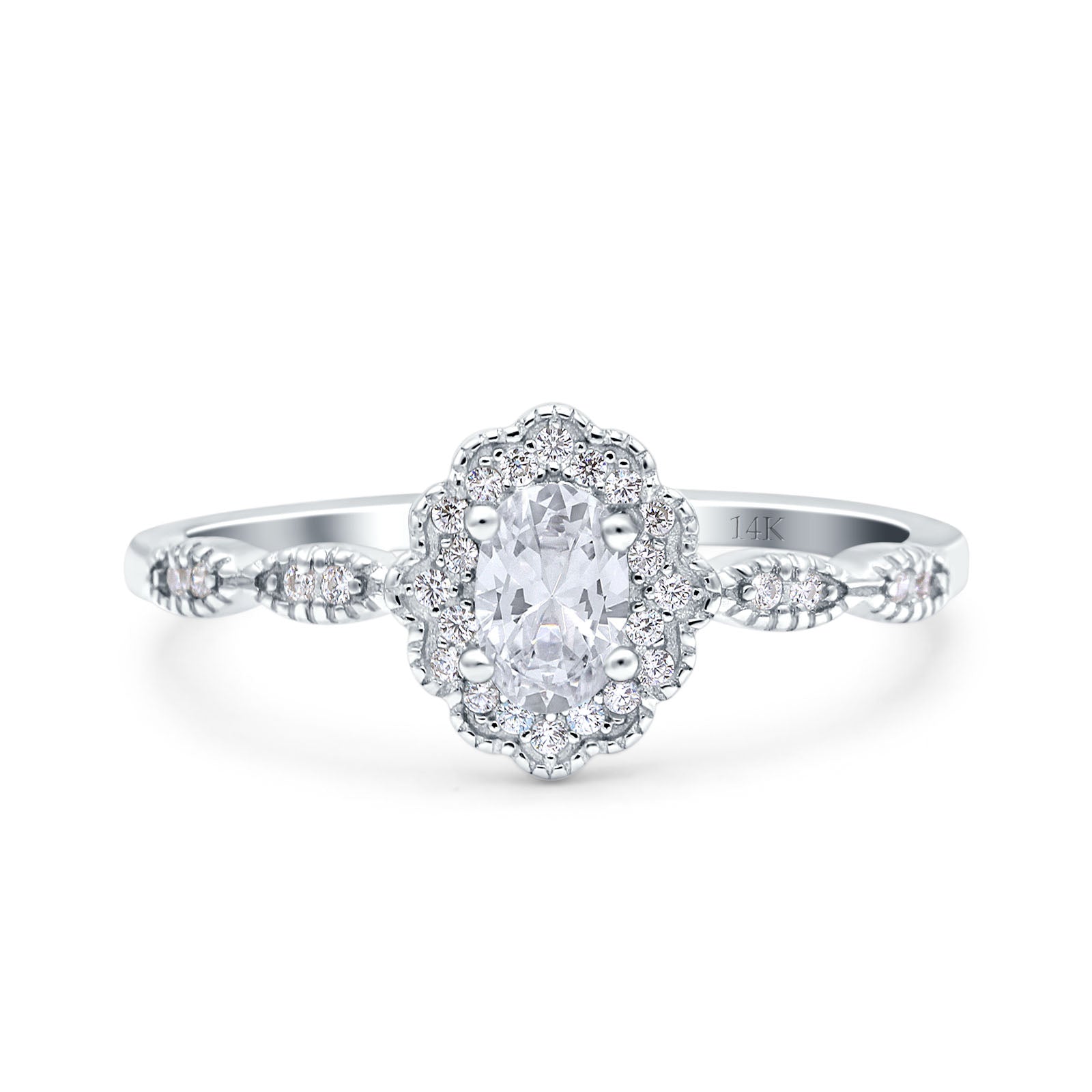 14K White Gold Halo Art Deco Oval Bridal Simulated CZ Wedding Engagement Ring Size-7