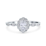 14K White Gold Halo Art Deco Oval Bridal Simulated CZ Wedding Engagement Ring Size-7