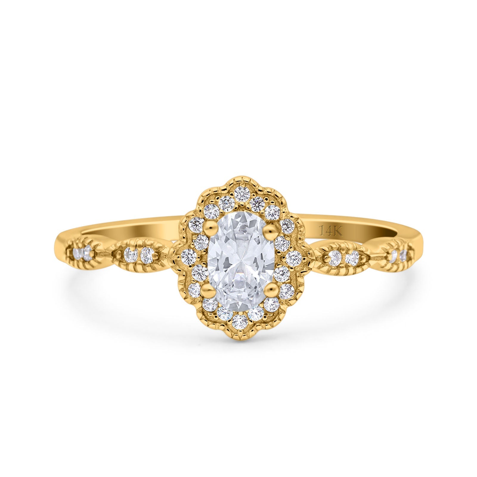 14K Yellow Gold Halo Art Deco Oval Bridal Simulated CZ Wedding Engagement Ring Size-7