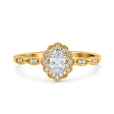 14K Yellow Gold Halo Art Deco Oval Bridal Simulated CZ Wedding Engagement Ring Size-7