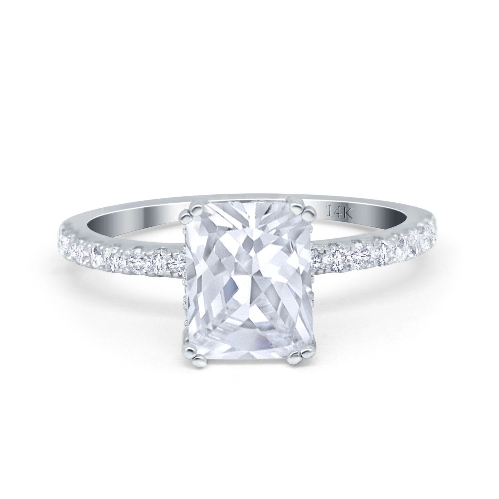 14K White Gold Art Deco Radiant Cut Engagement Ring Simulated Cubic Zirconia Size-7