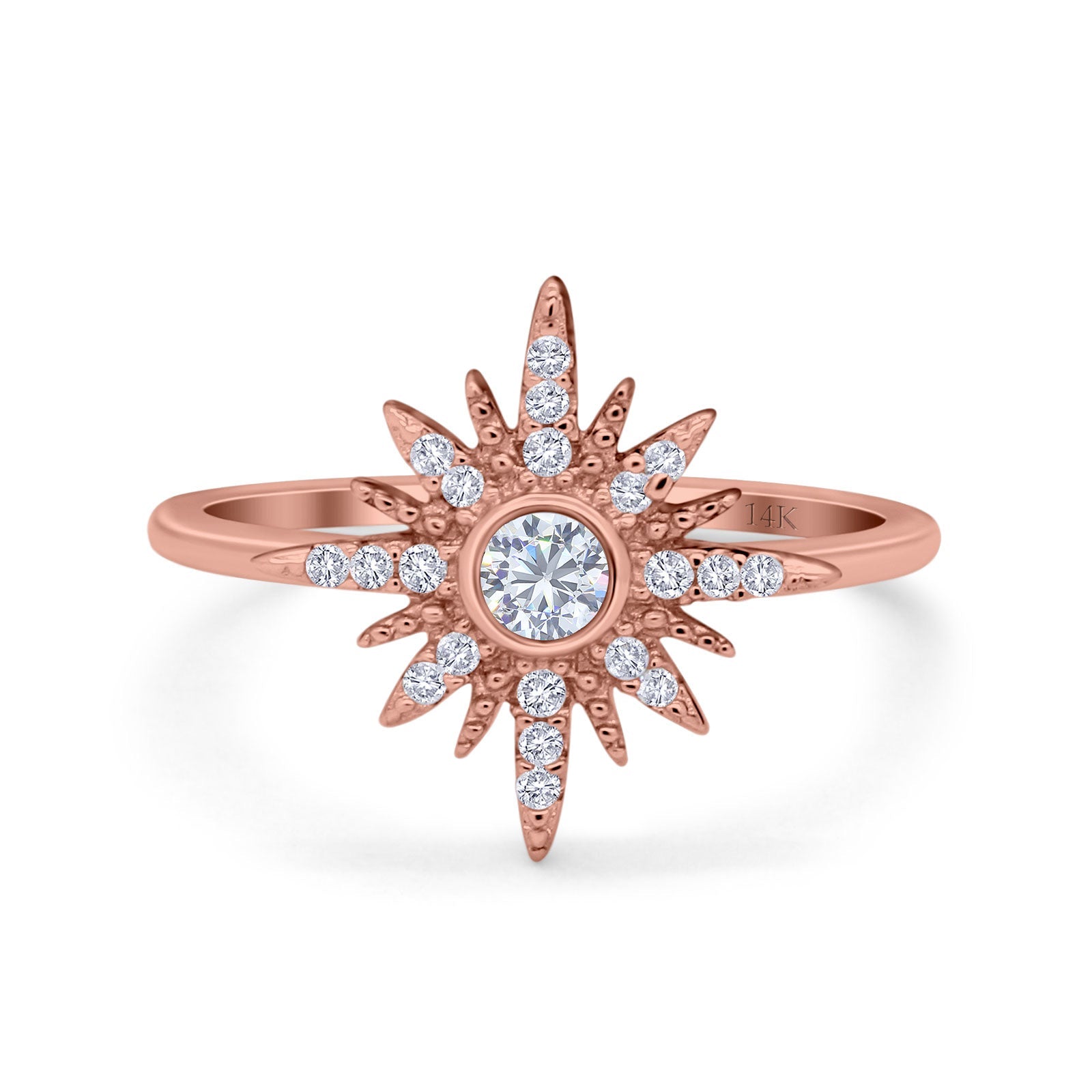 14K Rose Gold Cluster Starburst Ring Round Bridal Simulated CZ Wedding Engagement Ring Size-7
