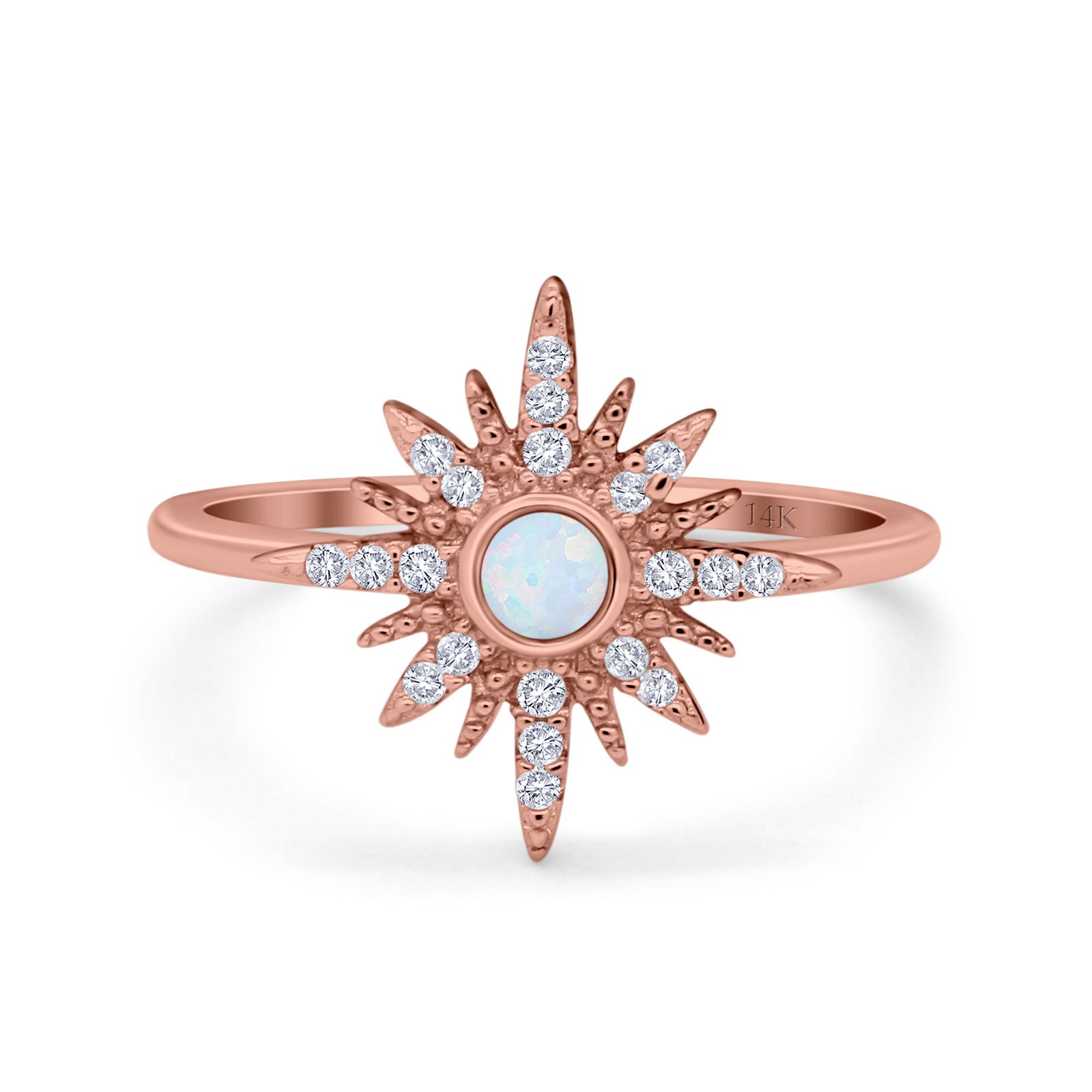 14K Rose Gold Cluster Starburst Ring Round Lab Created White Opal Bridal Simulated CZ Wedding Engagement Size-7