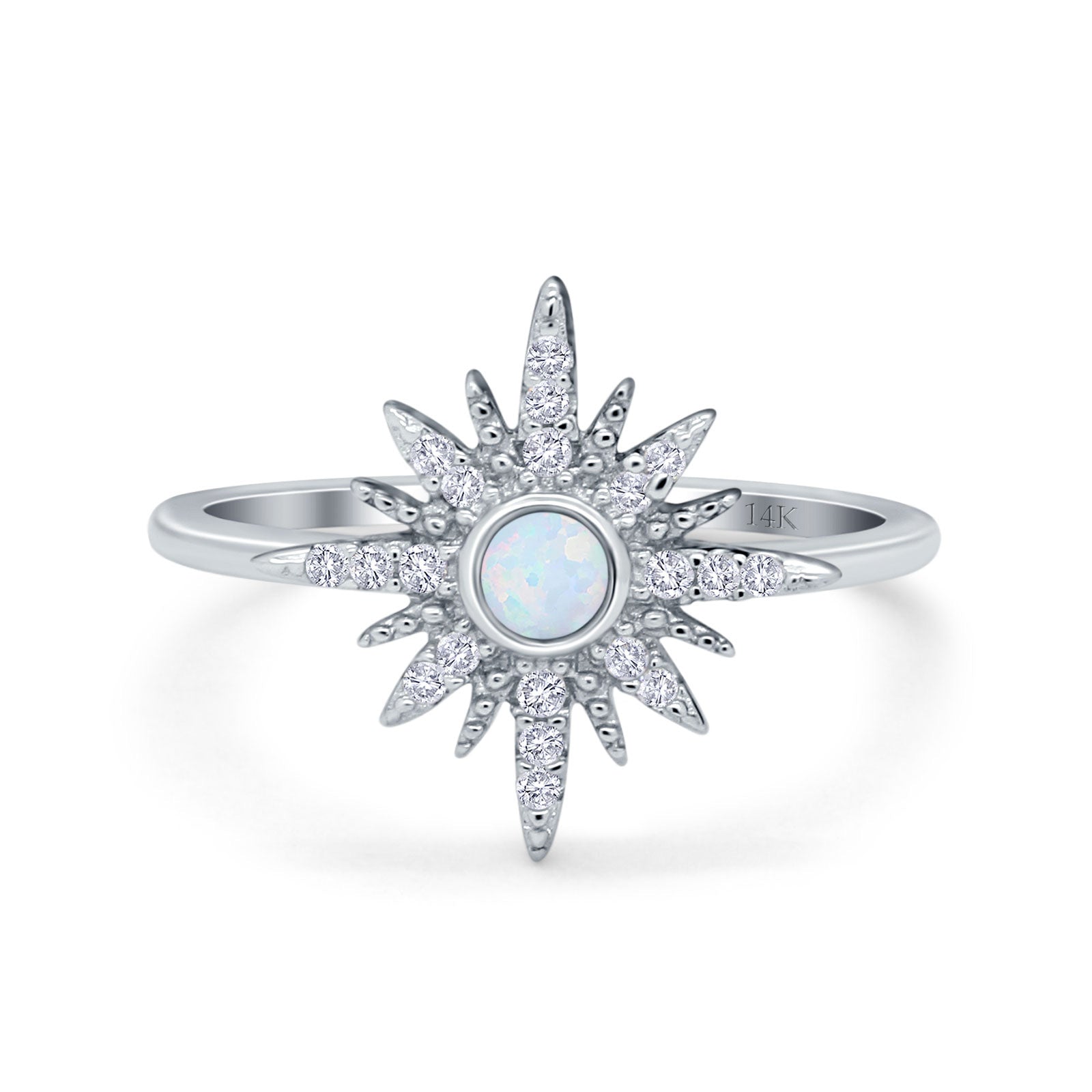 14K White Gold Cluster Starburst Ring Round Lab Created White Opal Bridal Simulated CZ Wedding Engagement Size-7